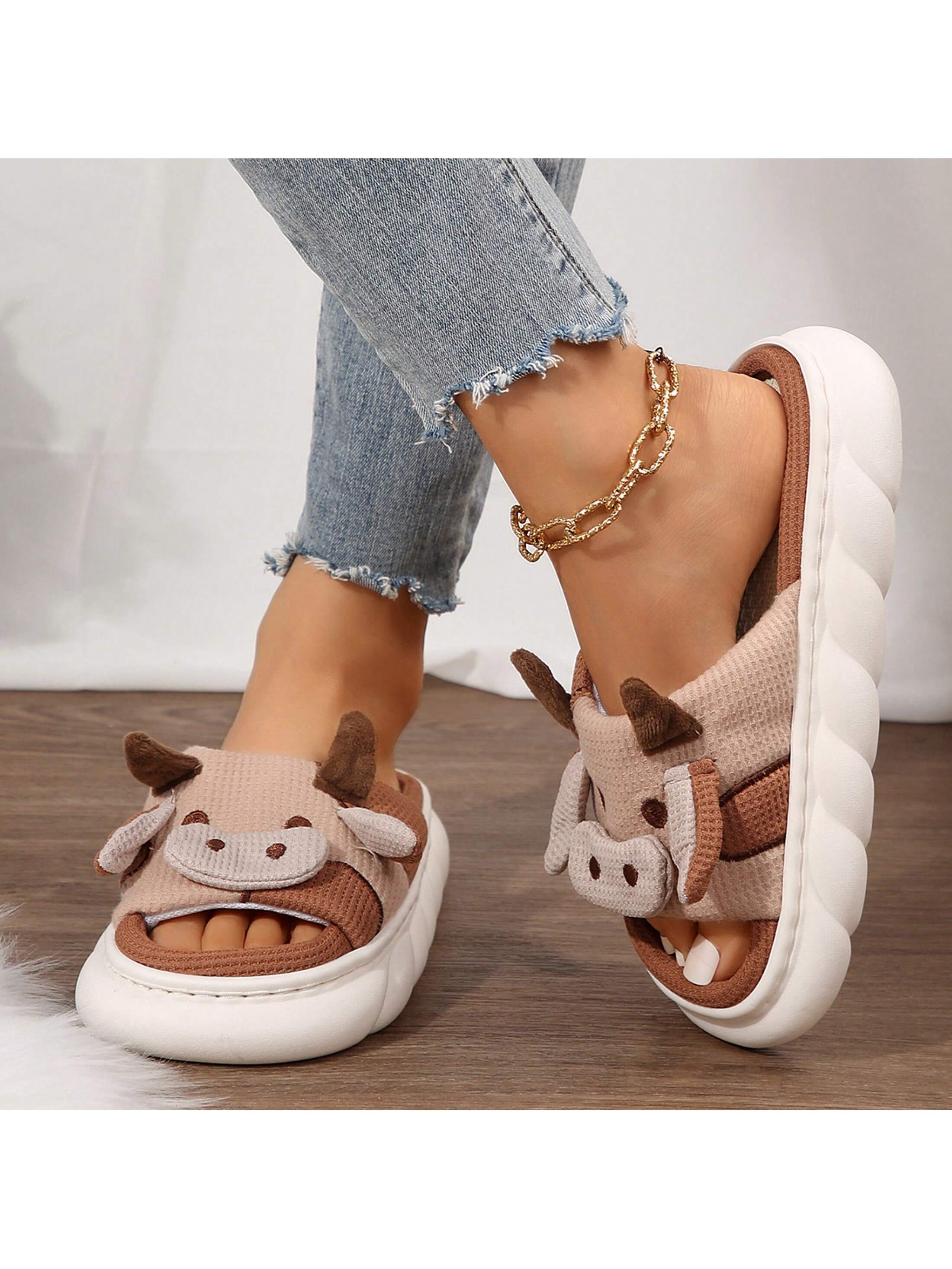 Women's Thick Bottom Soft Slippers Cute Animal Sshape Cartoon Cow Slippers Indoor Outdoor Slippers