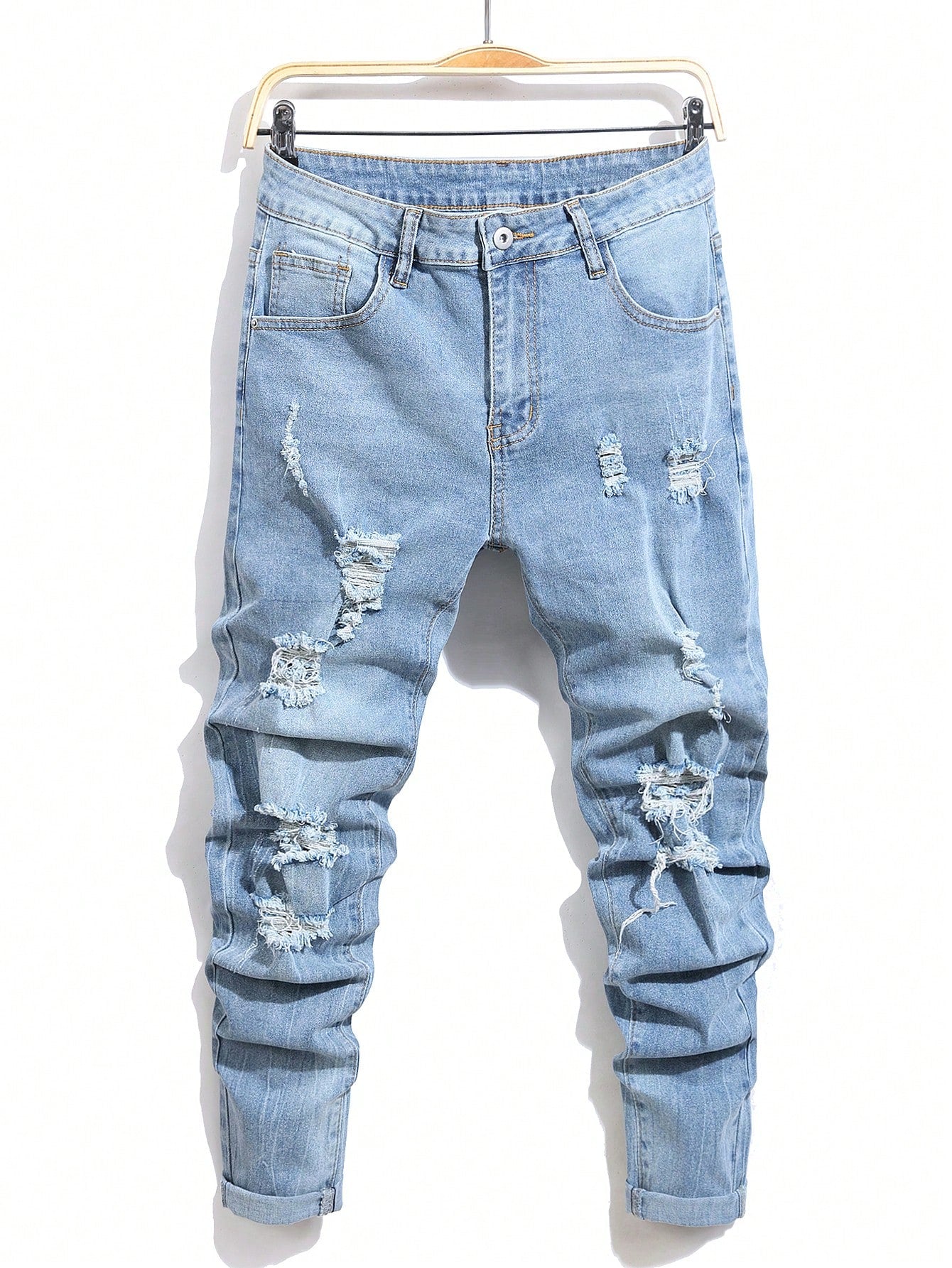 Men Cotton Cat Whisker Washed Ripped Slim Jeans