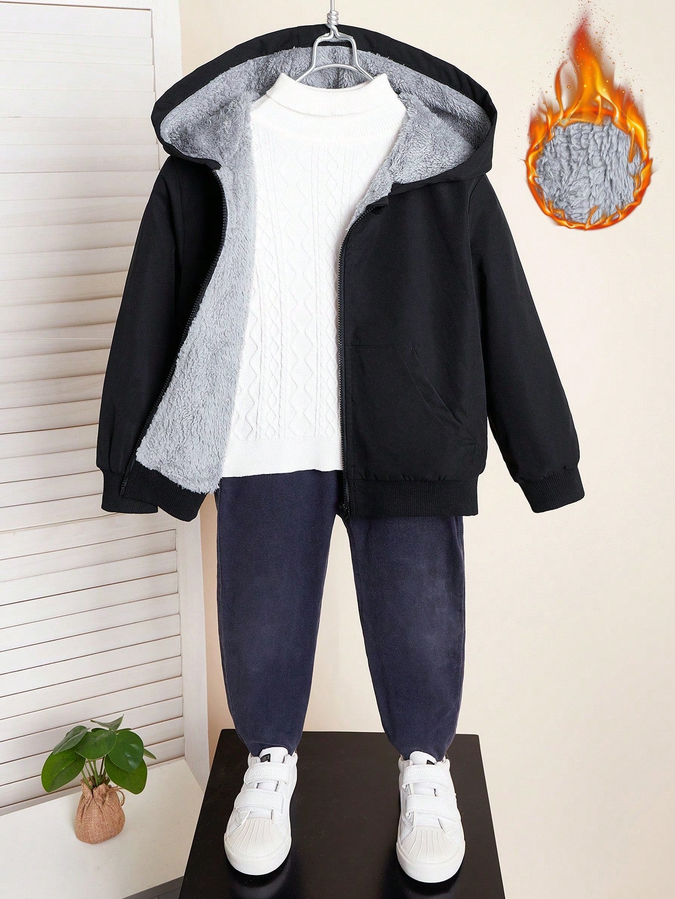 Kids Casual Comfortable Hooded Fleece Lined Jacket, Versatile For Commuting, School, Home, Outdoor Play, Party