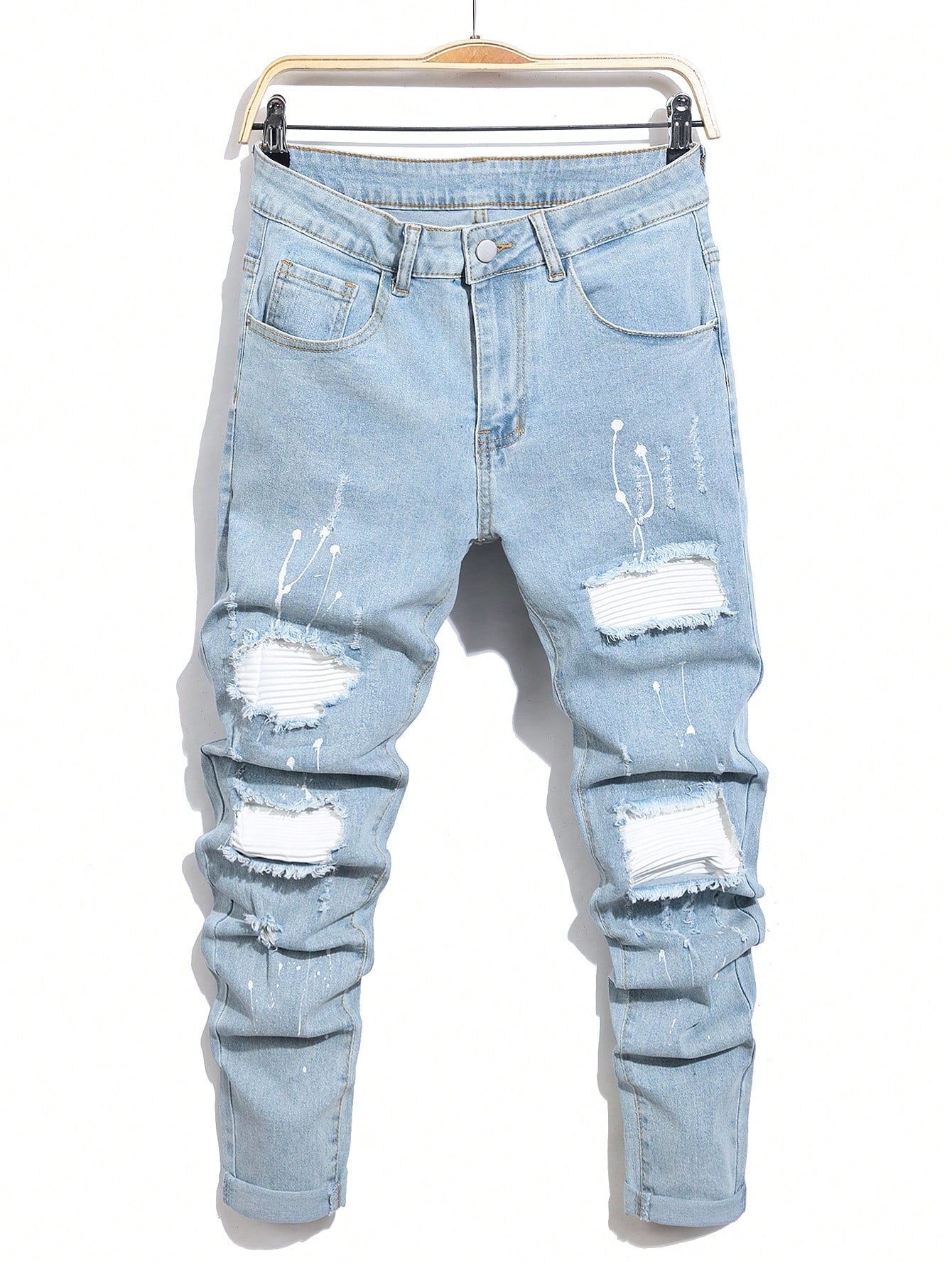 Men Cotton Splash Ink Print Ripped Frayed Rag Stitching Jeans