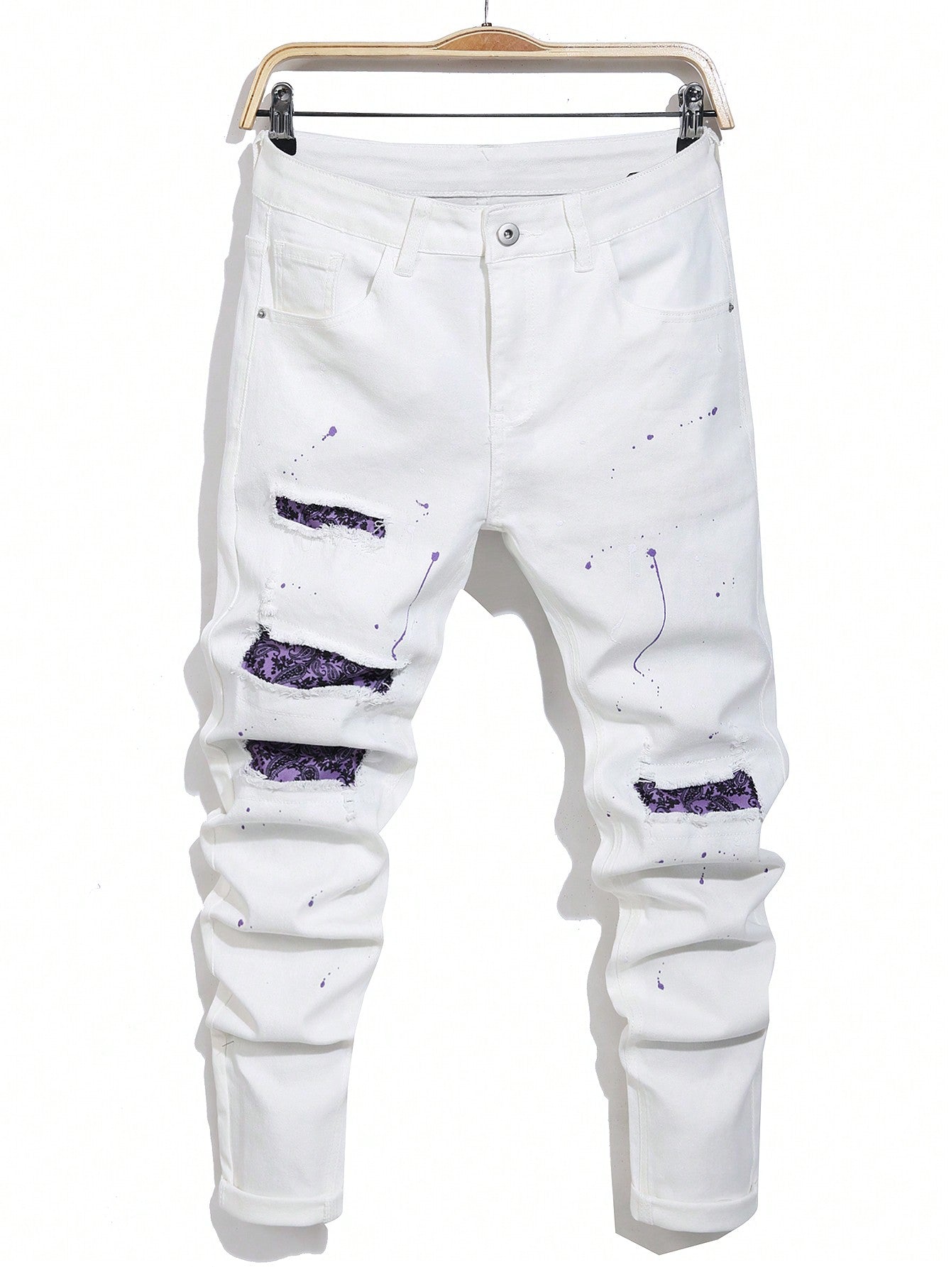 Men Cotton Splash Ink Ripped Slim Jeans