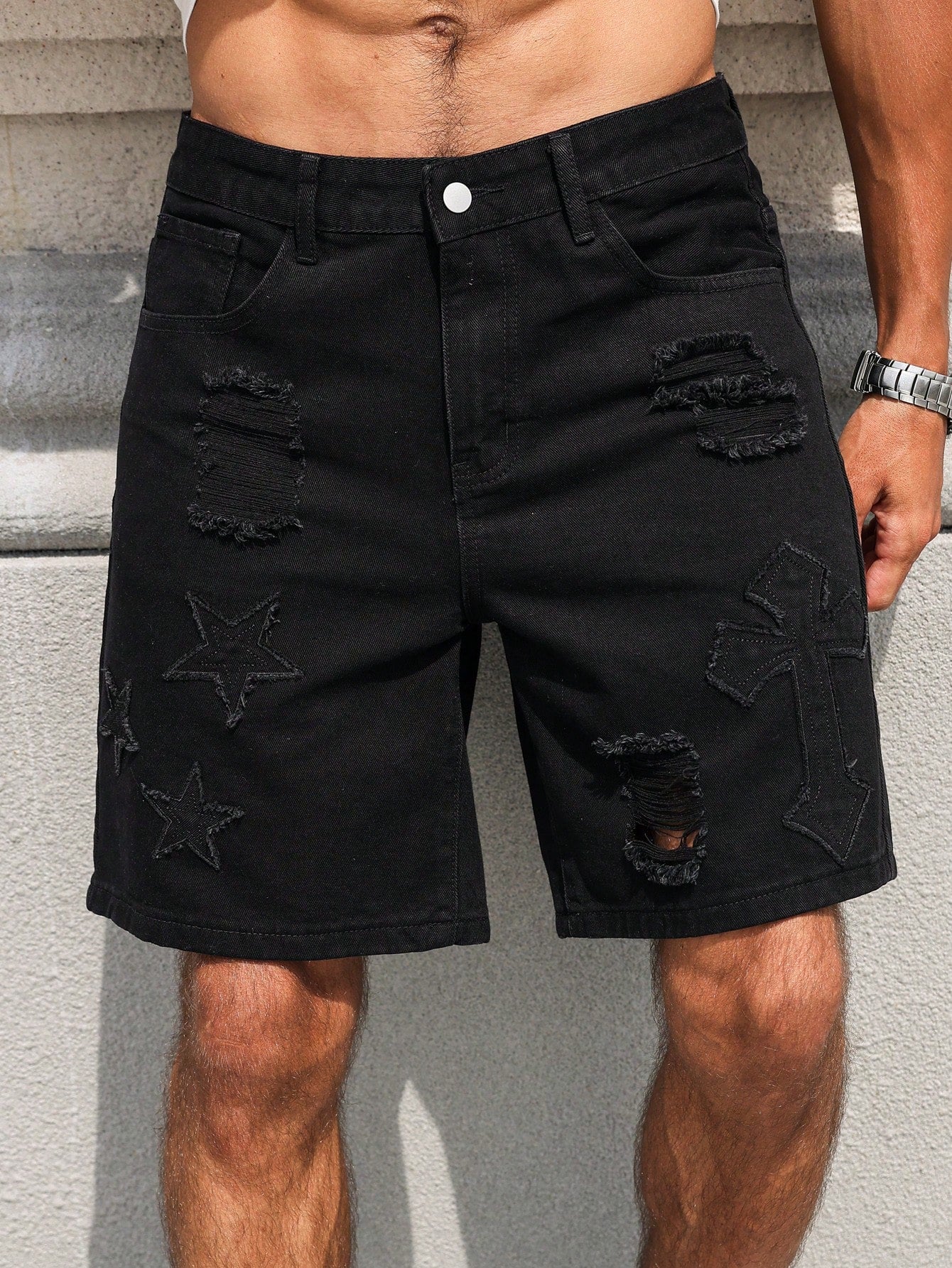 Men Ripped Patchwork Denim Shorts With Pockets And Button Closure