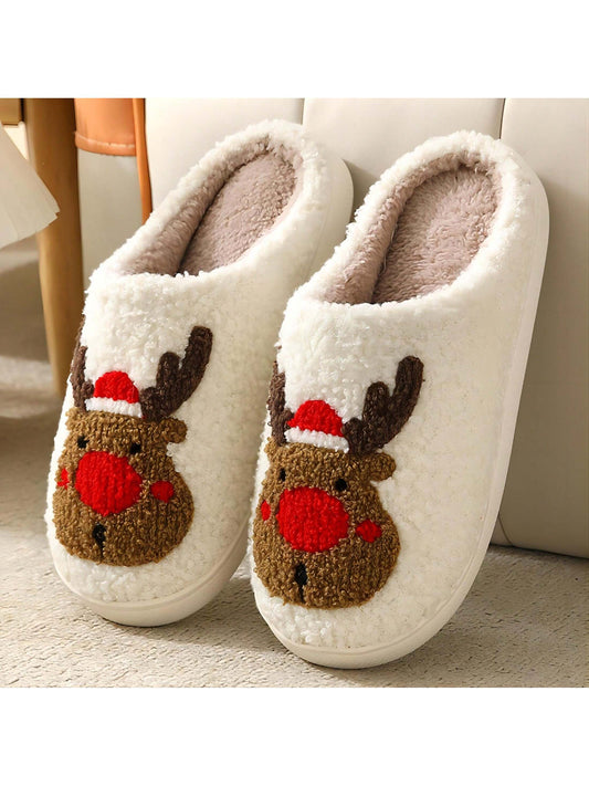 Women Christmas Elk Xmas Slippers Winter Soft Cozy Non-Slip Memory Foam Indoor Outdoor Shoes Red Moose Cute Cartoon Fuzzy Warm House Slippers