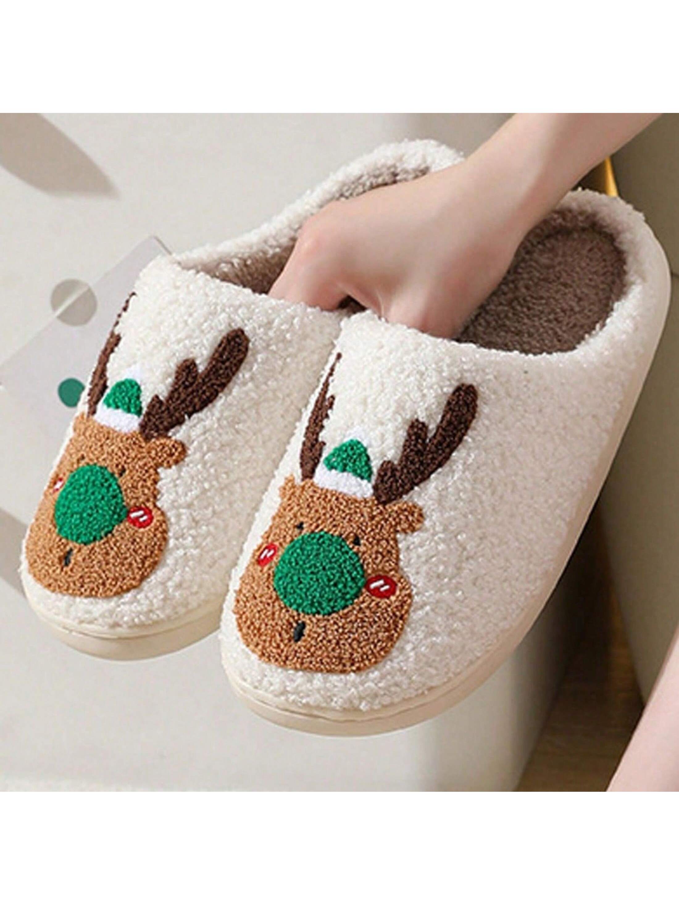 Women Christmas Elk Xmas Slippers Winter Soft Cozy Non-Slip Memory Foam Indoor Outdoor Shoes Red Moose Cute Cartoon Fuzzy Warm House Slippers