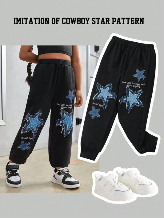 Young Girl Knitted Solid Color Star Pattern Loose Elastic Cuffs Long Sweatpants