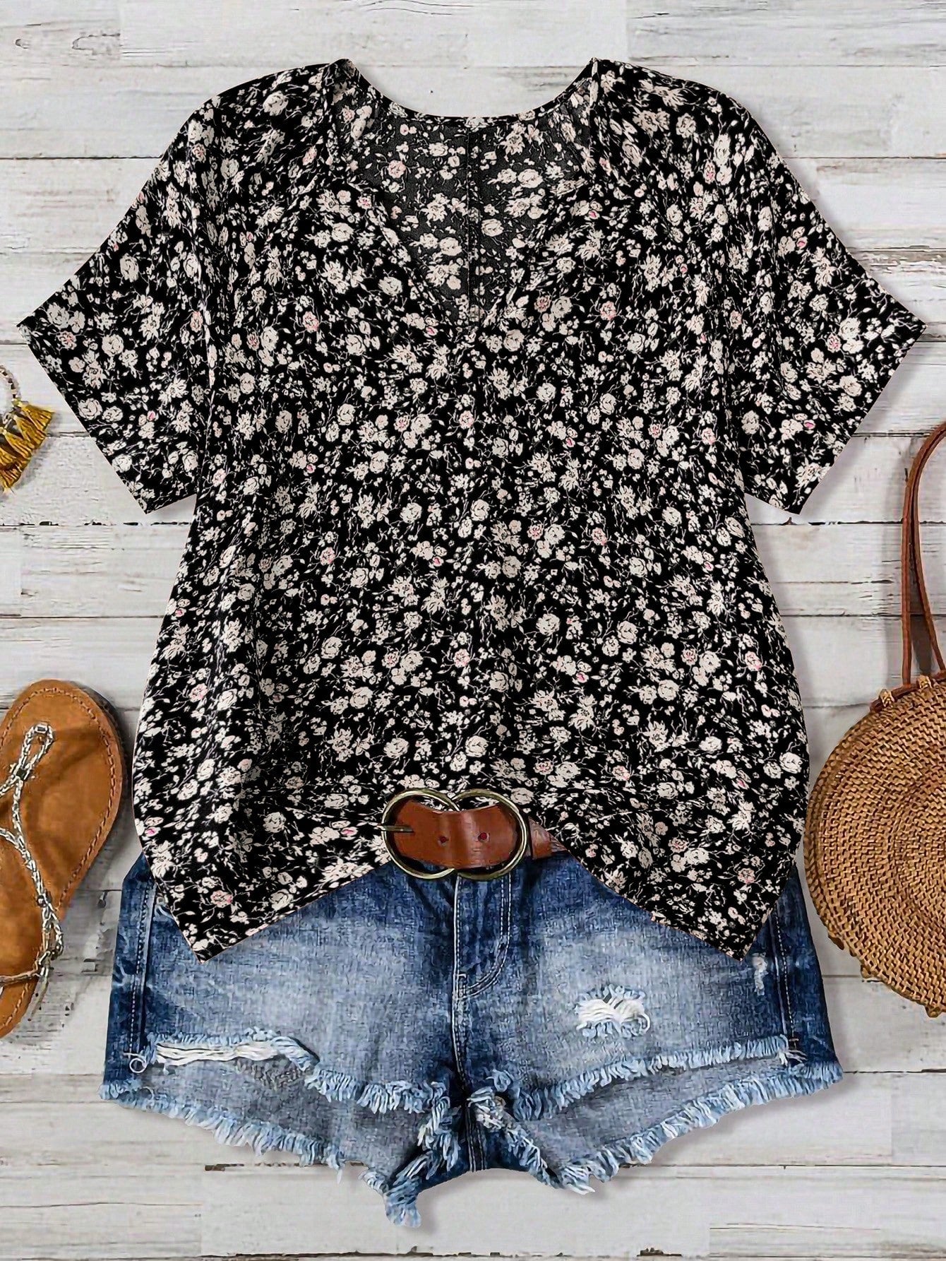 Women's Floral Printed V-Neck Short Sleeve Shirt, Summer