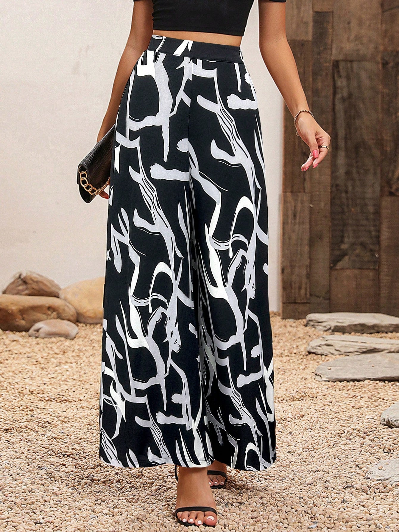 High Waisted Wide Leg Pants With Plant Print