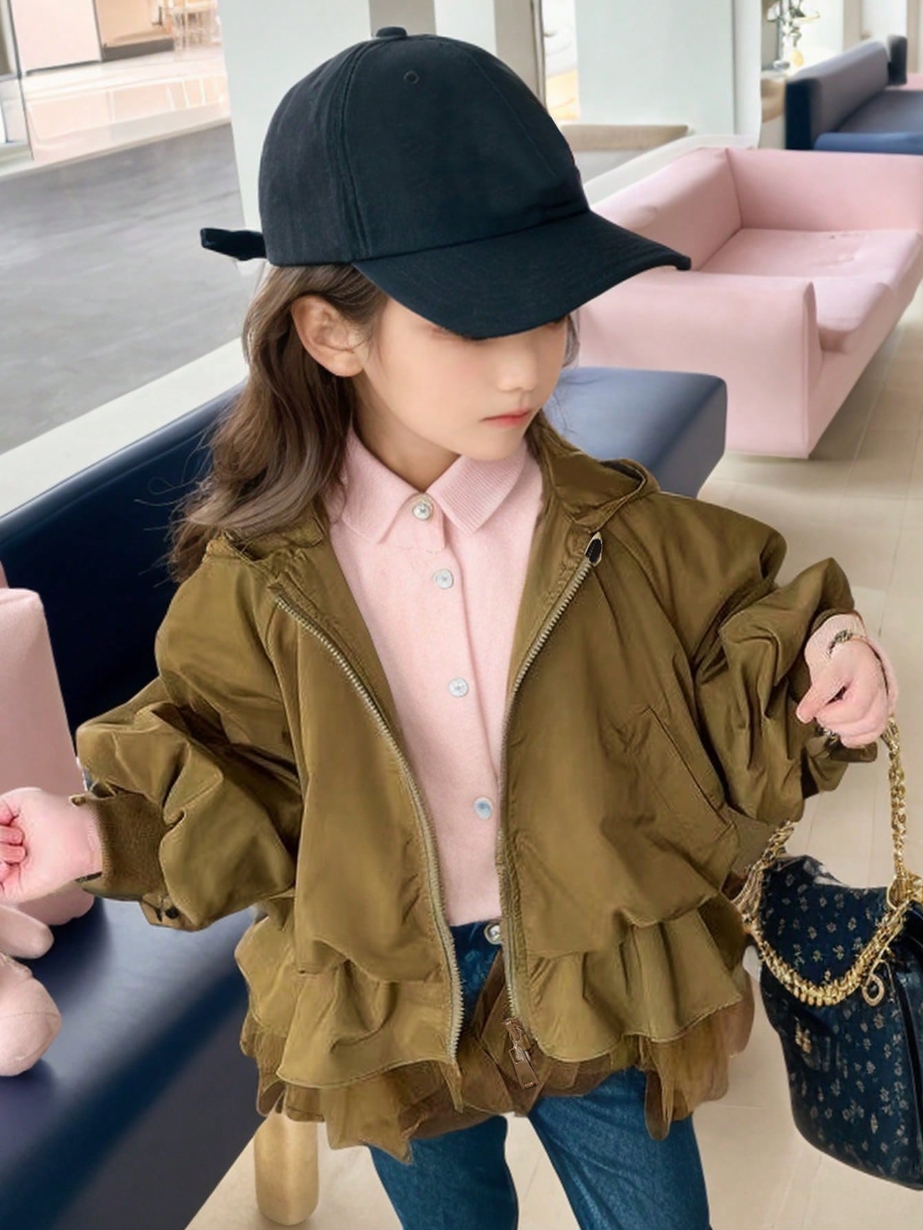 Girls Cute Bud-Shaped Hooded Windbreaker Jacket Zippered Spring/Summer/Autumn Child Patchwork Mesh Splice Outerwear