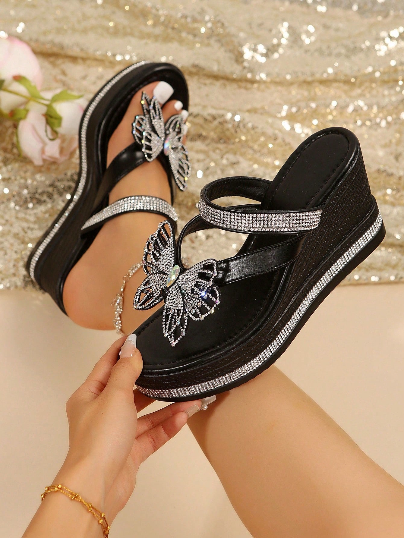 New Women's Wedge Heel Thick Sole Sandals, With Rhinestones, Waterproof Platform, Fashion Zipper Butterfly Design, Hot Mesh Style Shoes