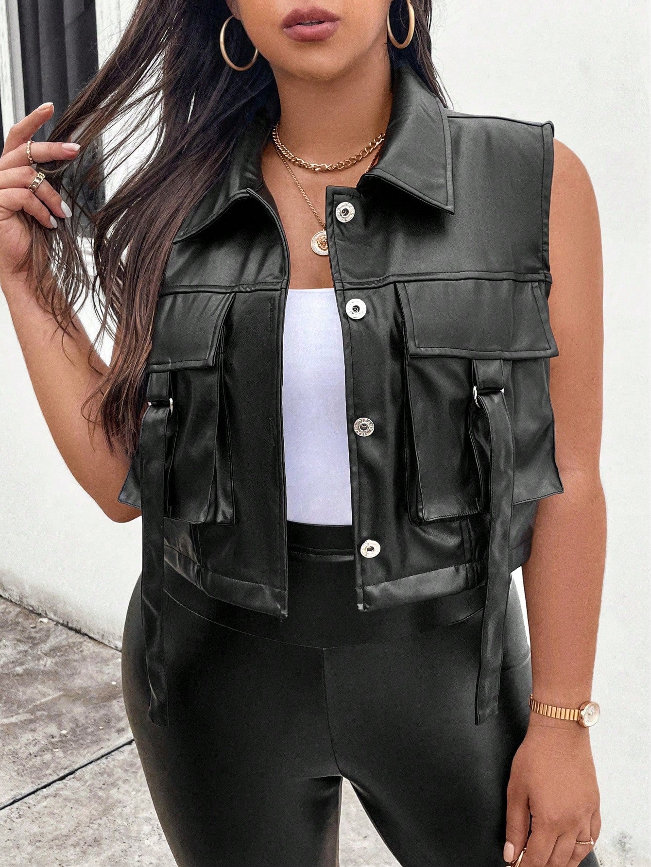 Plus Size Women's Casual Sleeveless Jacket With Pockets