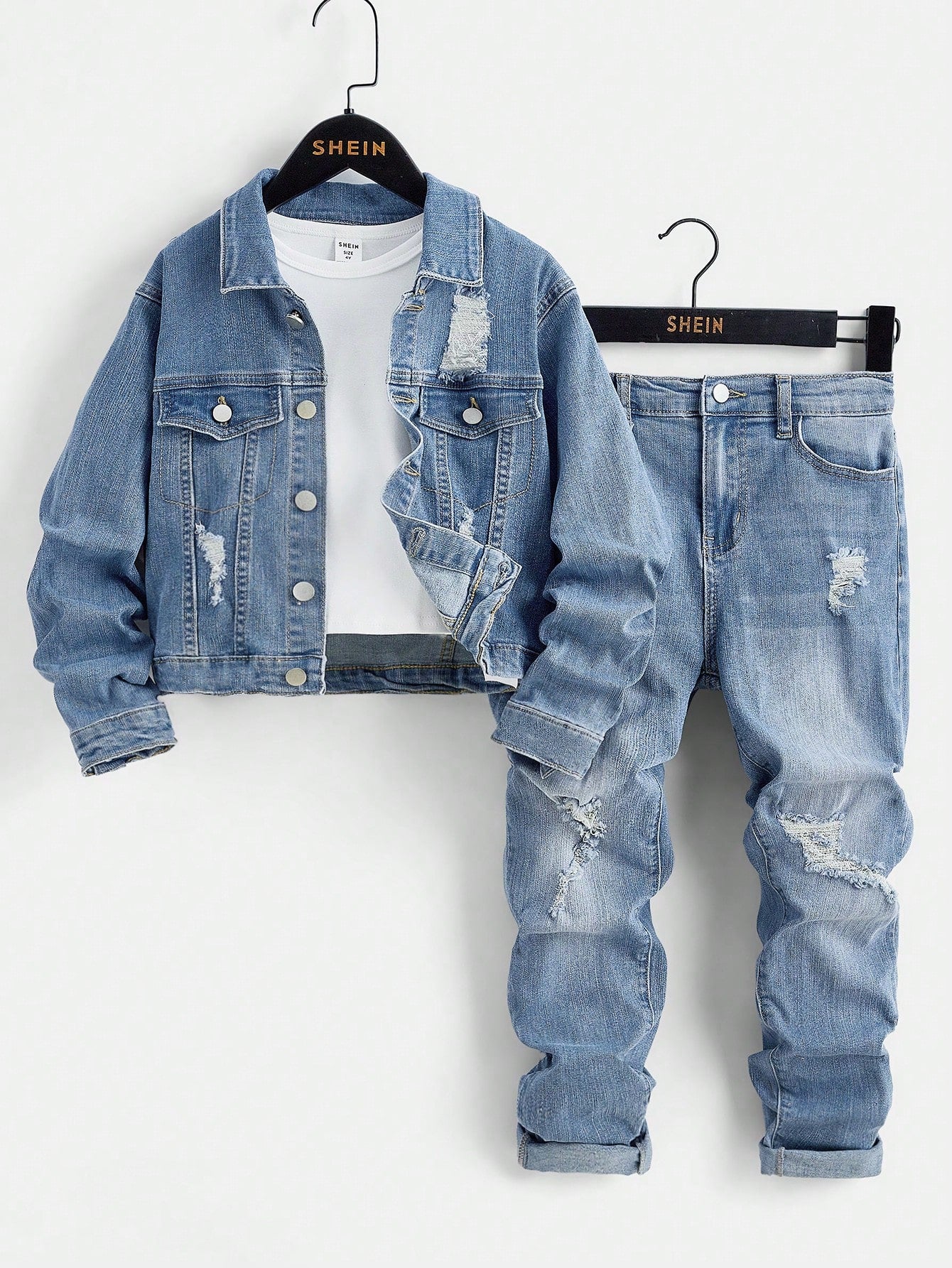 2pcs Teenage Boys' Casual Distressed Denim Set With Unique Texture