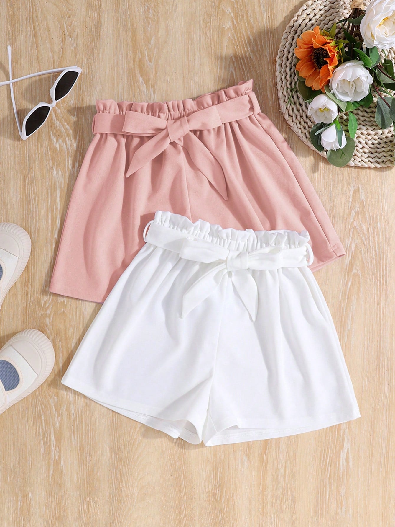 Tween Girl 2pcs Paperbag Waist Belted Shorts