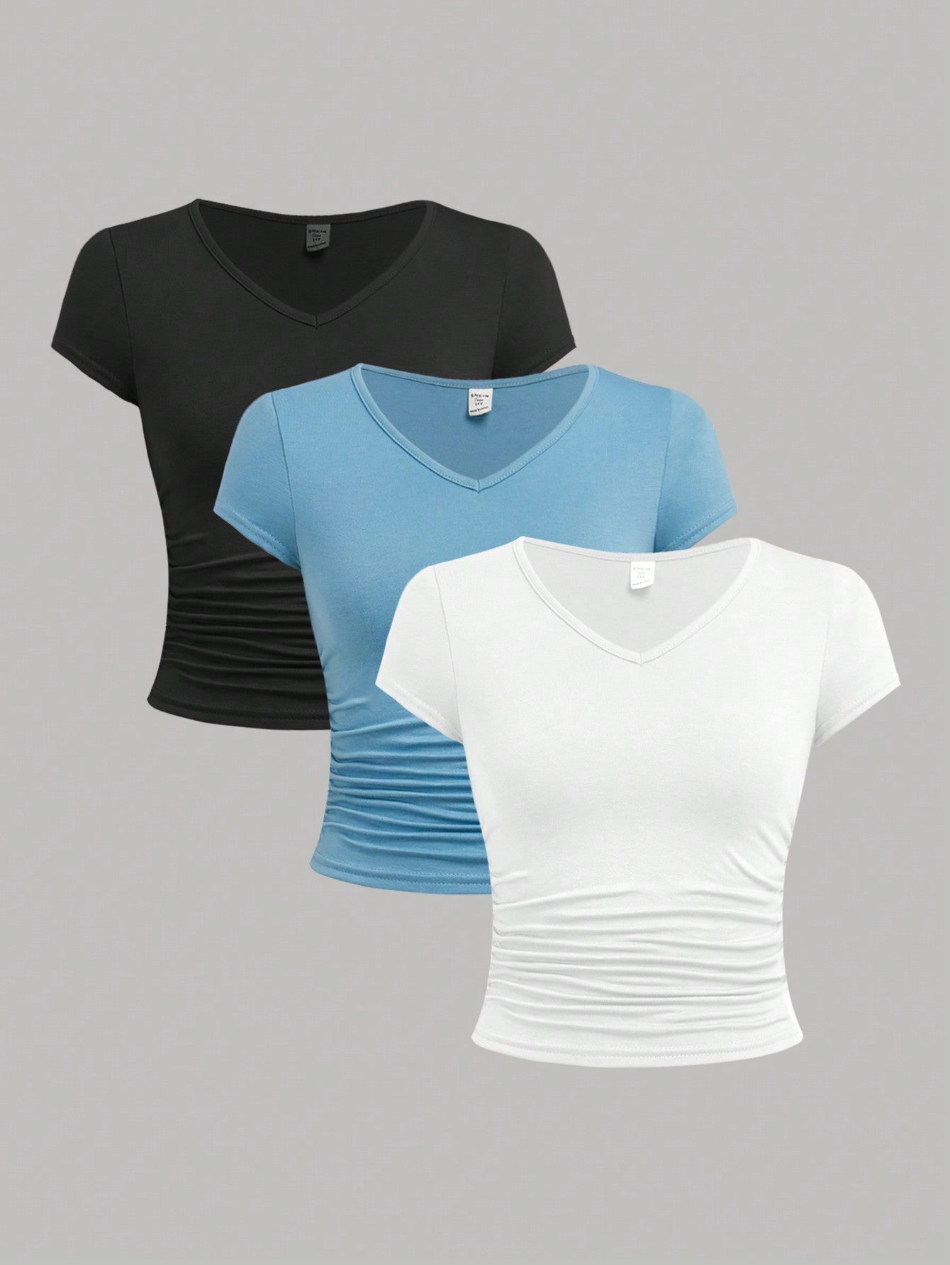 Teen Girl's Knitted Solid Color V-Neck Short Sleeve T-Shirt With Pleats, Set Of 3 For Casual Wear