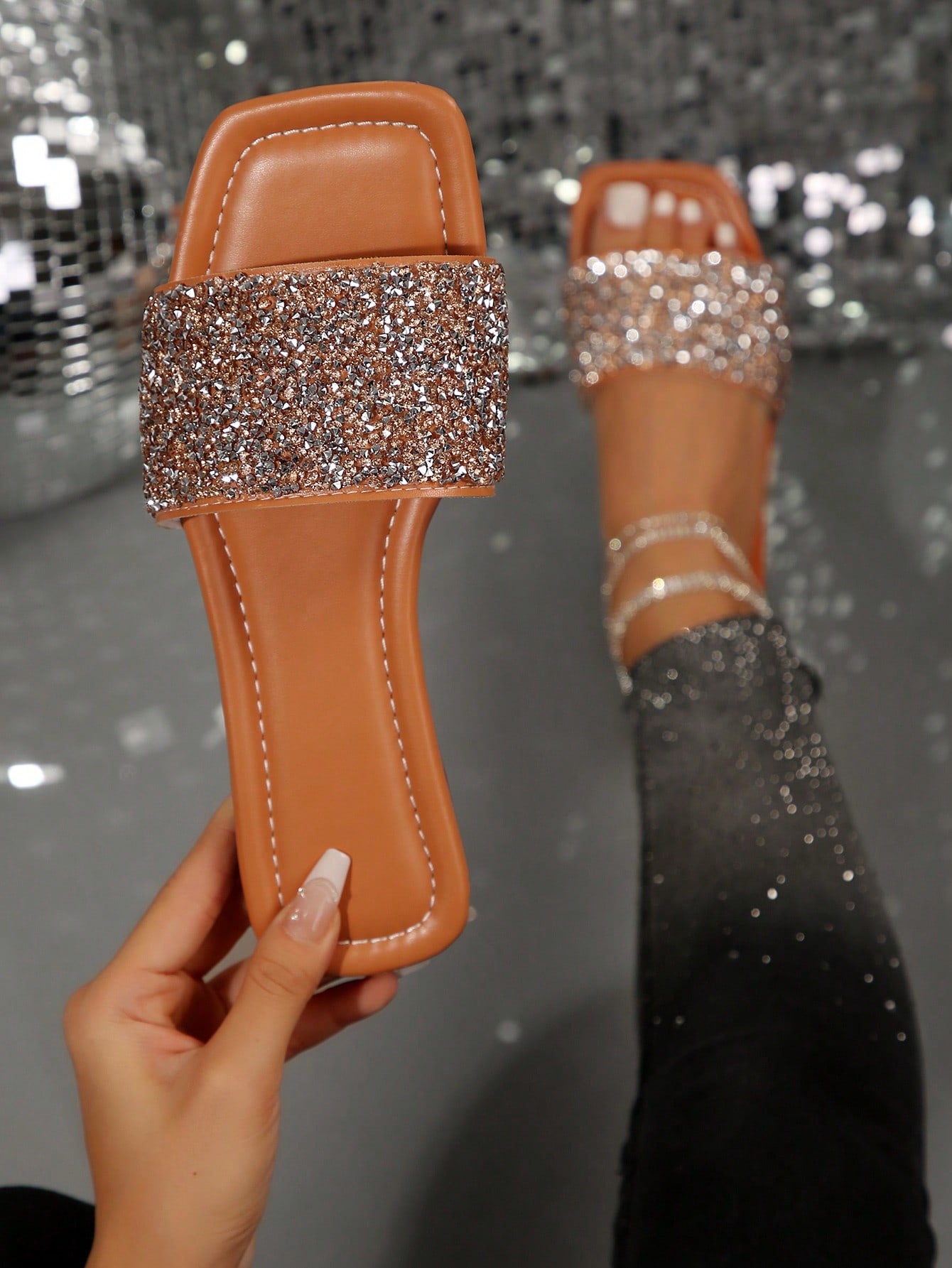 Women's Rhinestone Decor Pink Flat Sandals, Summer Casual Plastic Slip-on Open Toe Slides For Outdoor