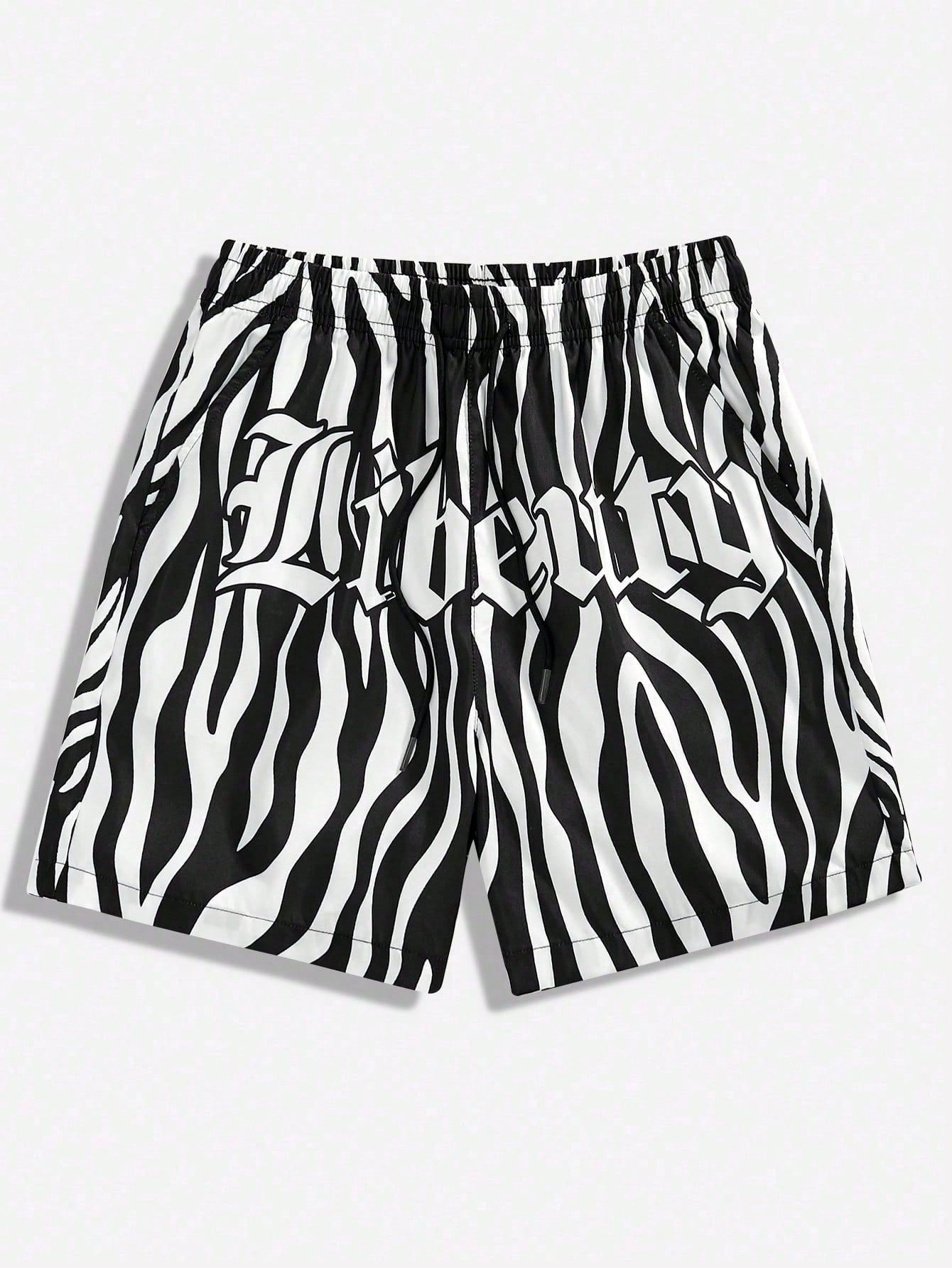 Tween Boys' Casual And Fashionable Drawstring Waist Zebra Print Shorts With Letter Print, Spring/Summer