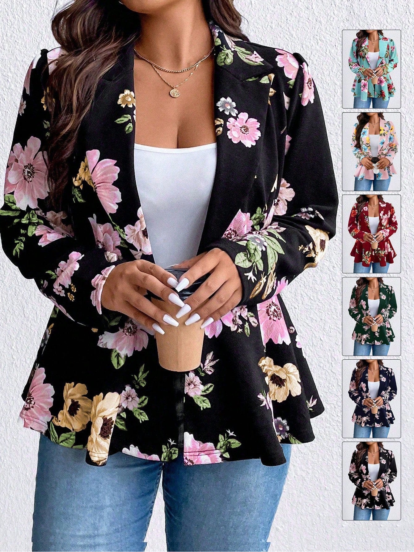 Plus Floral Print Lapel Collar Blazer