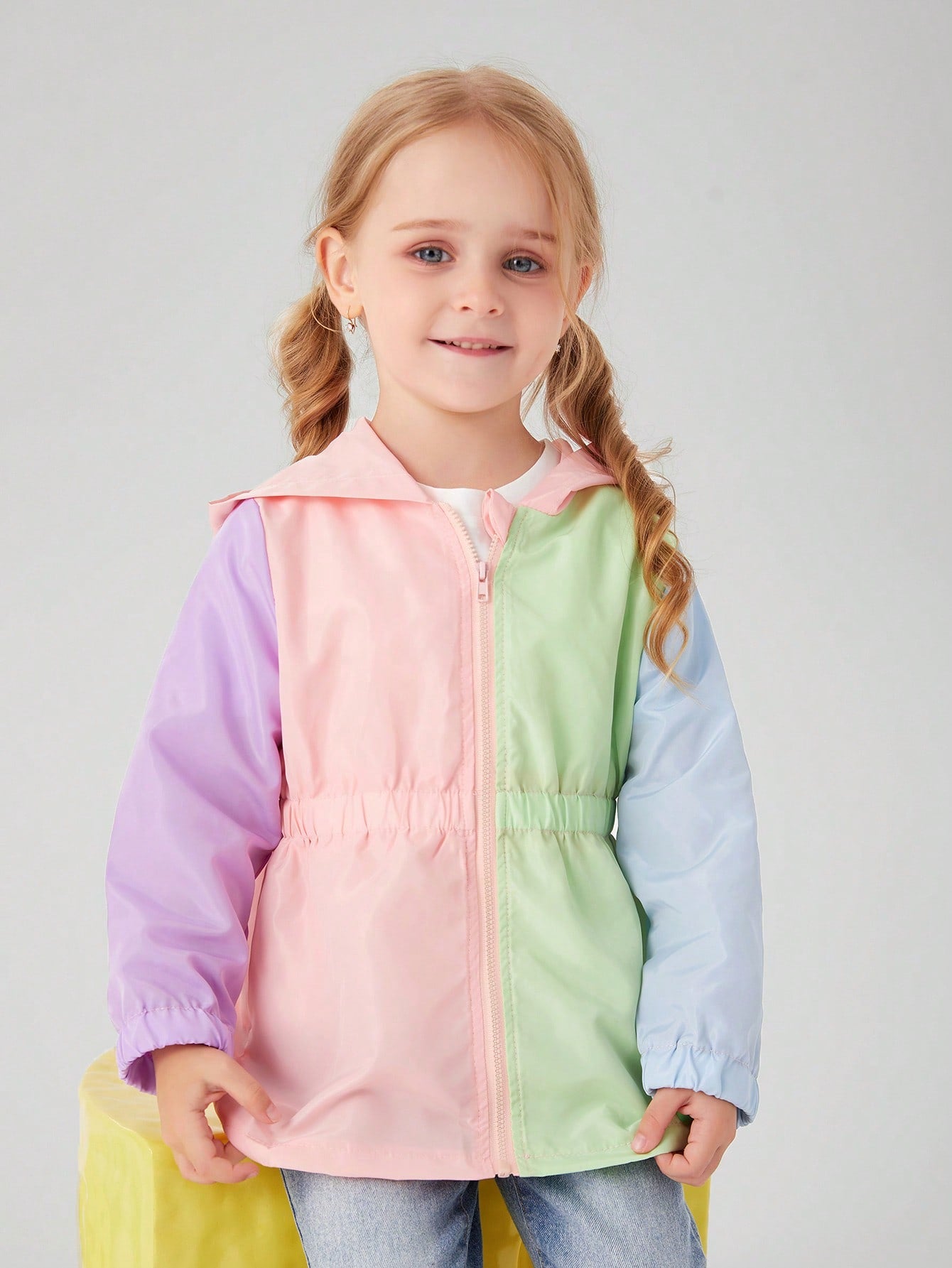 Young Girl Casual All-Match Solid Color Coat With Candy-Colored Splicing Design, Flared Hem, Lapel Collar And Waistband, Suitable For Autumn, Winter, Daily Wear, Commuting, School, Windproof And Rainproof