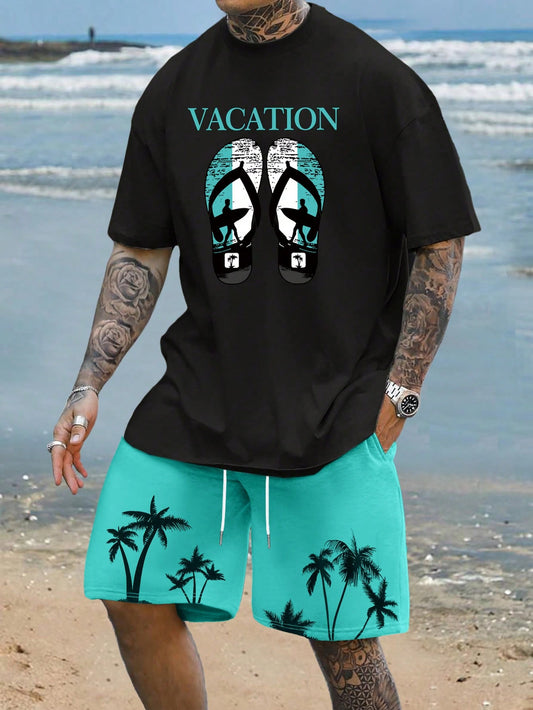 2pcs Men's Short Sleeve Crew Neck Printed T-Shirt And Drawstring Tropical Shorts Set, Suitable For Vacation