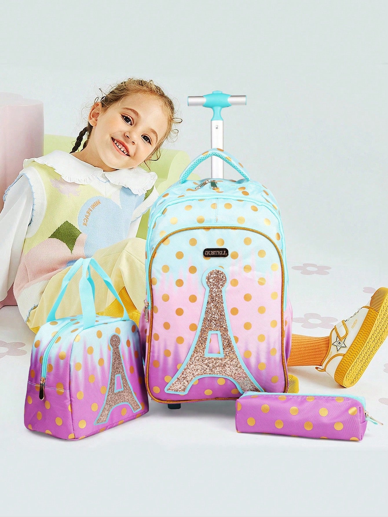 17.3in/44cm 3pcs/Set Kids Glitter Eiffel Tower Backpack, Lunch Box, Pencil Case, Suitable For Travel, Camping, School, Leisure, Padded Back Design And Adjustable Shoulder Strap (Letter Pattern)