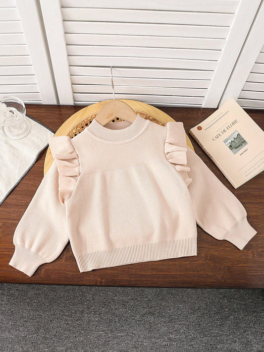 Girl's Apricot Solid Color Fashionable Casual Cute Comfortable Soft Minimalist Warm All-Match Elegant Ruffle Hem Long Sleeve Crew Neck Knit Sweater, Suitable For Home, Daily Wear, School, Outdoor, Party, Autumn/Winter