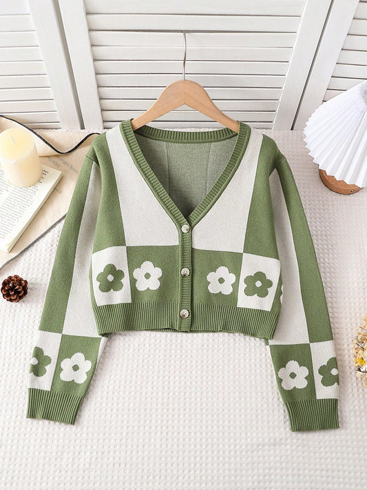 Girls' Green & White Contrast Color Checkerboard Floral Pattern Cropped V-Neck Cardigan Sweater, Casual, Comfortable, Versatile, Suitable For Daily Wear, School, Outdoor, Party, Autumn & Winter