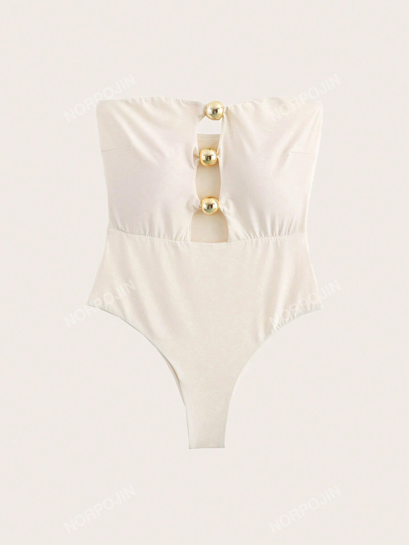 1pc Beige Hollow Out Bandeau Style One-Piece Swimsuit, Summer Beach