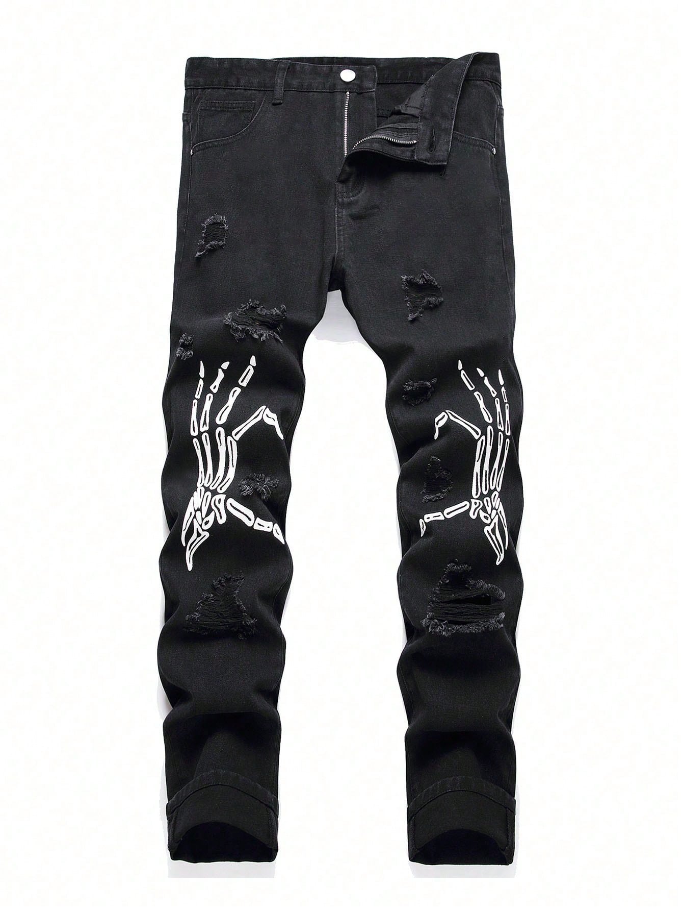 Teen Boy's Fashionable Skeleton Hand Print Ripped Denim Jeans