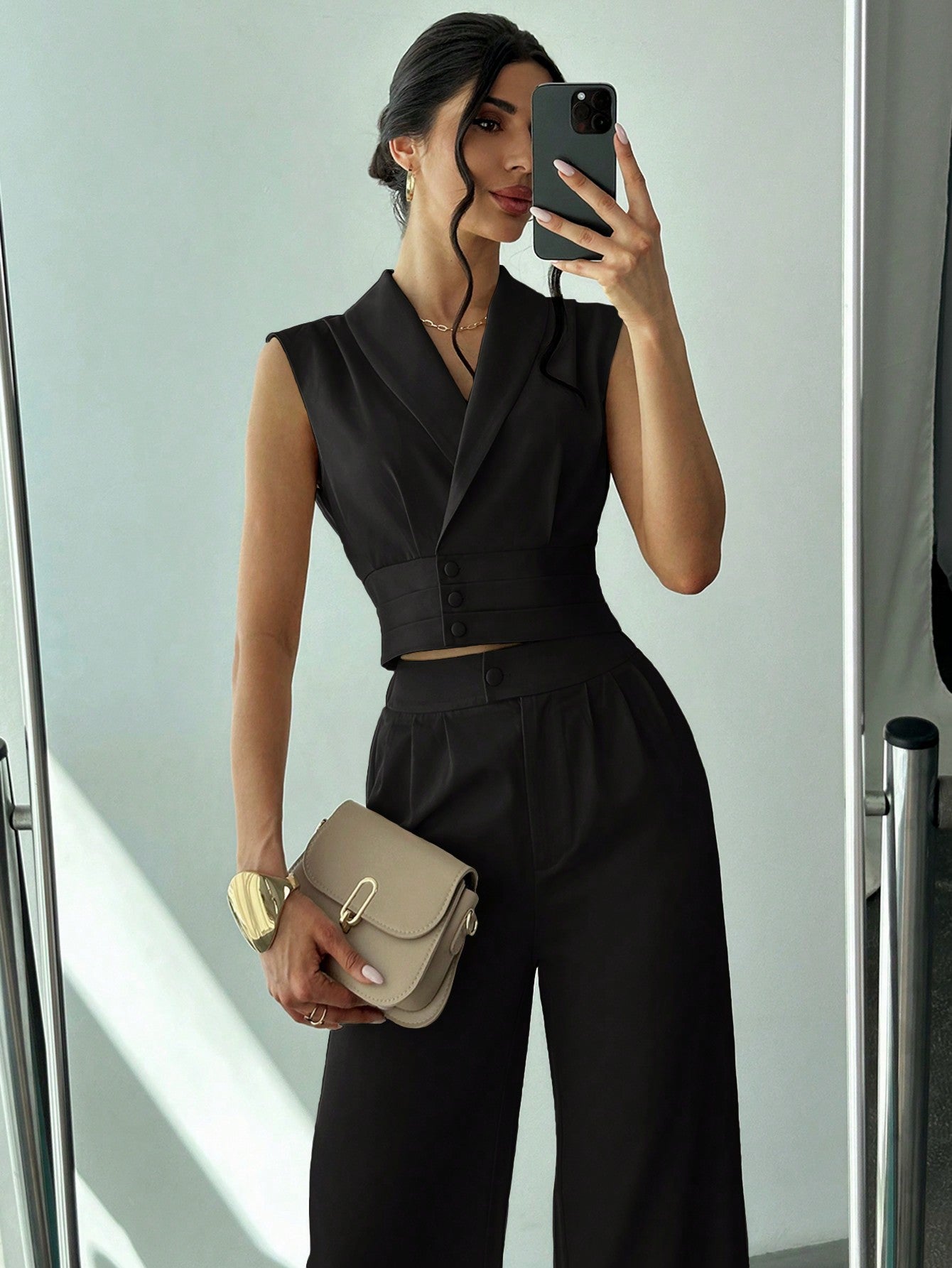 Women Elegant Commuter Suit Collar Shirt + Straight-Legged Trousers Two-Piece