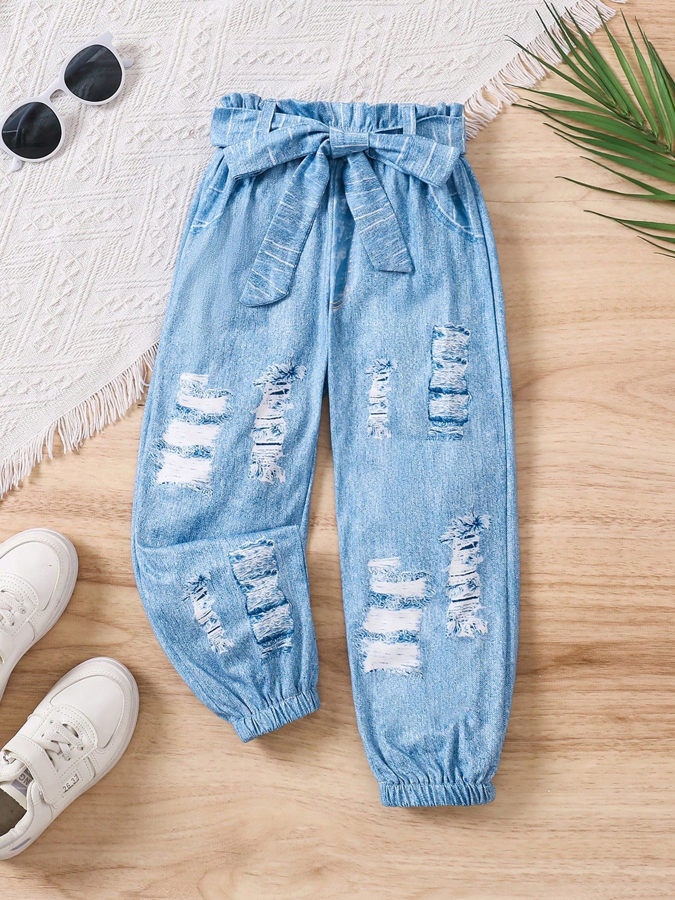 Young Girls' Distressed Denim Look Long Pants, Summer-Fall