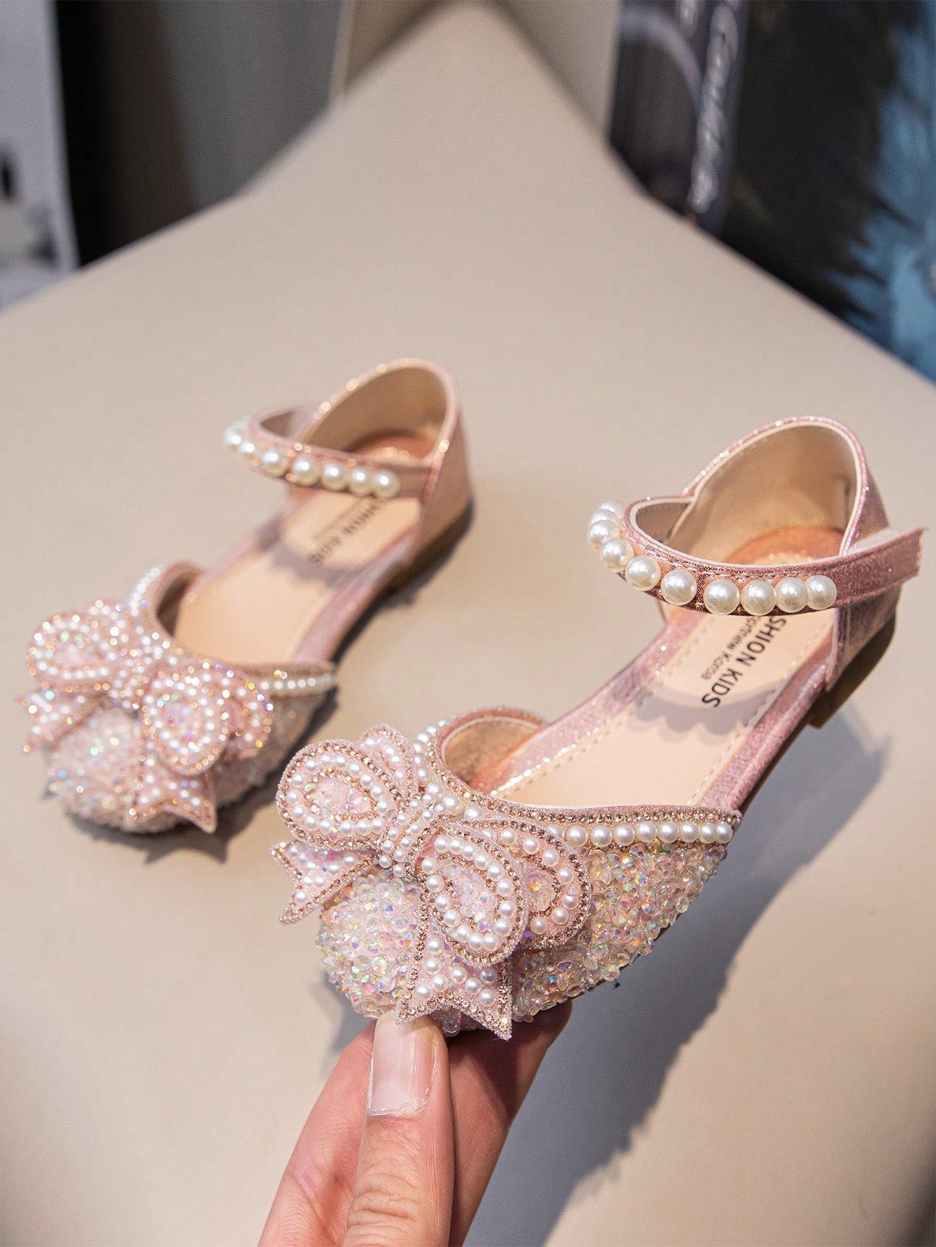 Children Flat Shoes With Rhinestone Bow Embellishment And Glittering Details