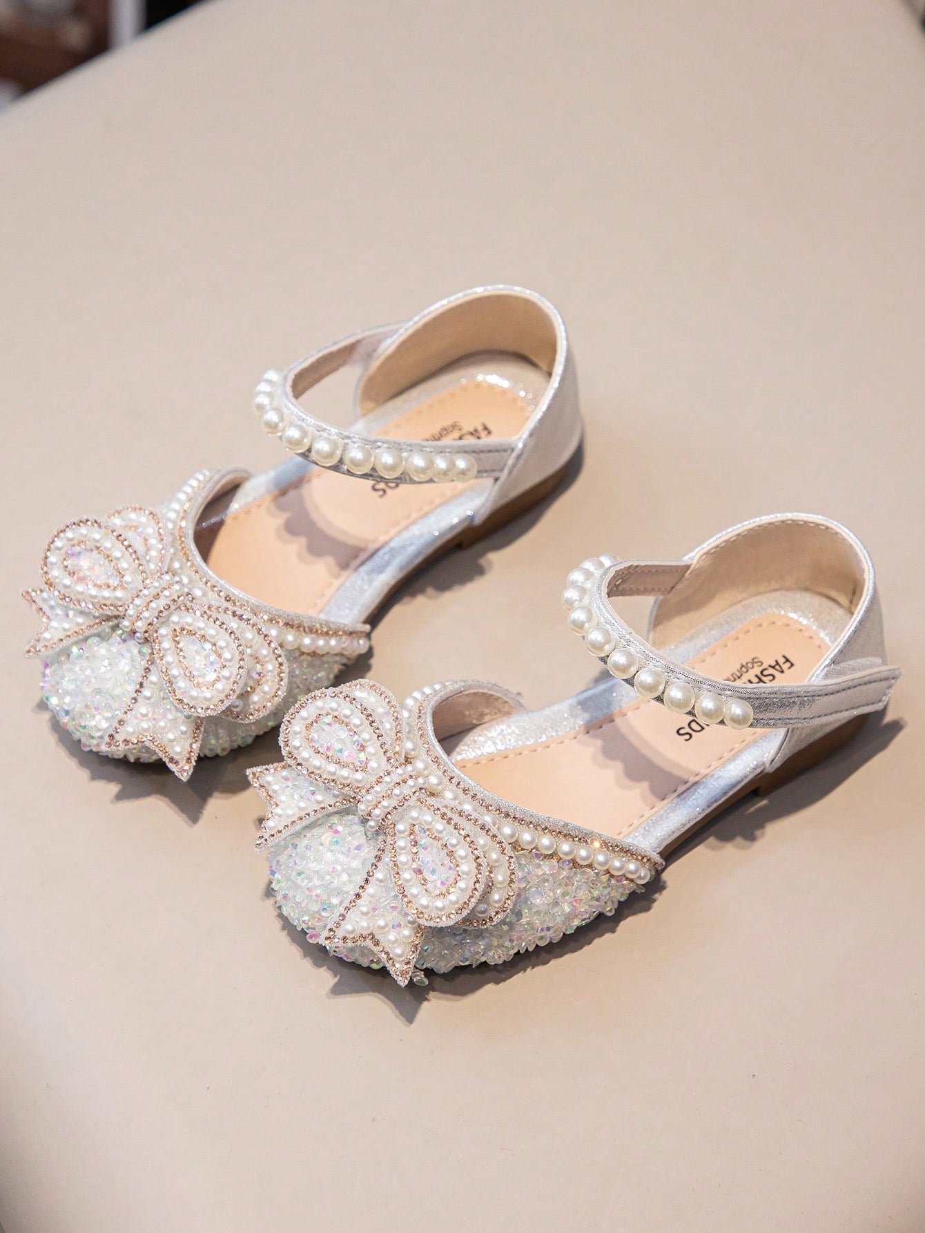 Children Flat Shoes With Rhinestone Bow Embellishment And Glittering Details