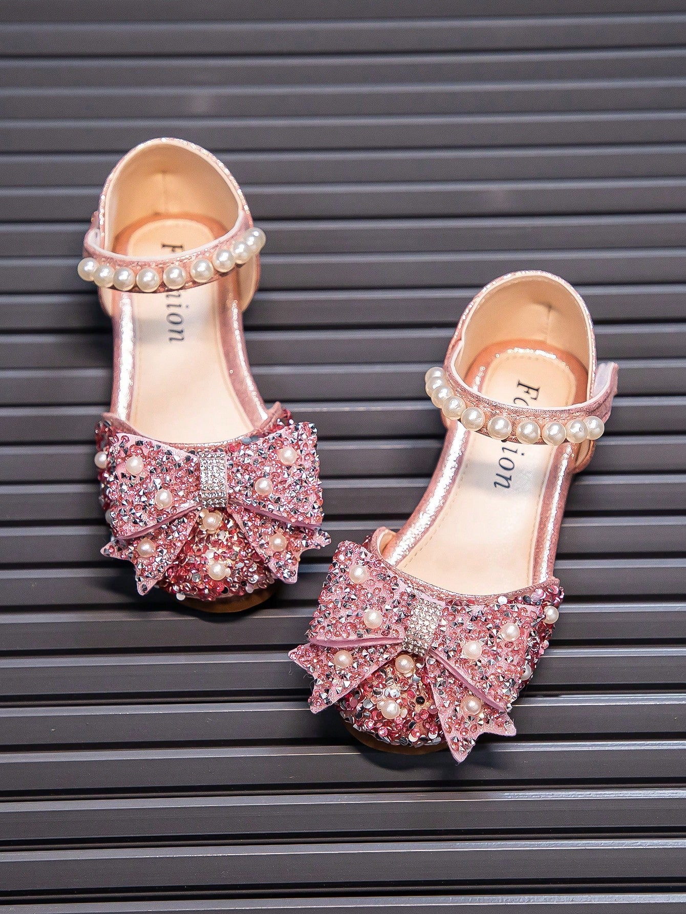 Children Flat Shoes With Rhinestone Bow Embellishment And Glittering Details