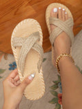 Women's Summer Straw Woven Flat Sandals With Raffia Strap
