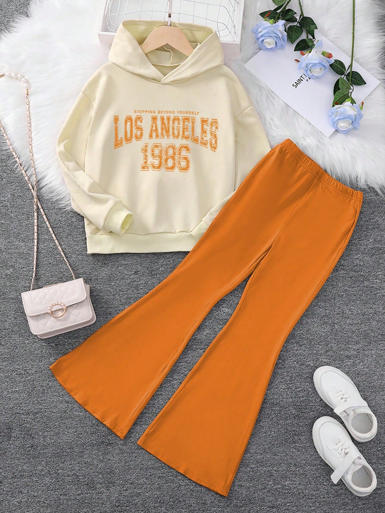 Tween Girl 2pcs Letter Printed Sports Hoodie And Bell-Bottoms Set