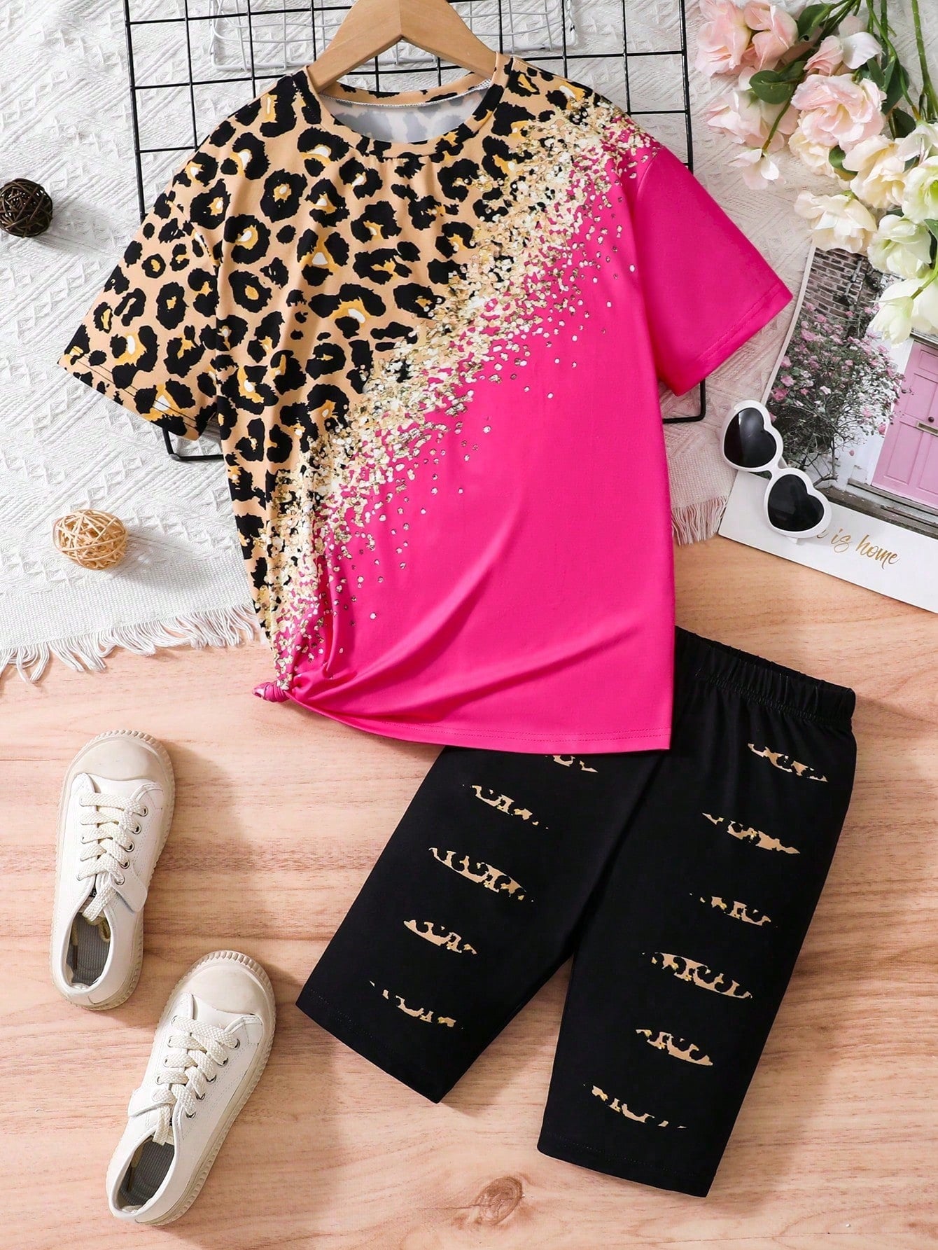 Teen Girls' Round Neck Leopard Print Ombre Short Sleeve T-Shirt And Shorts Summer Outfits