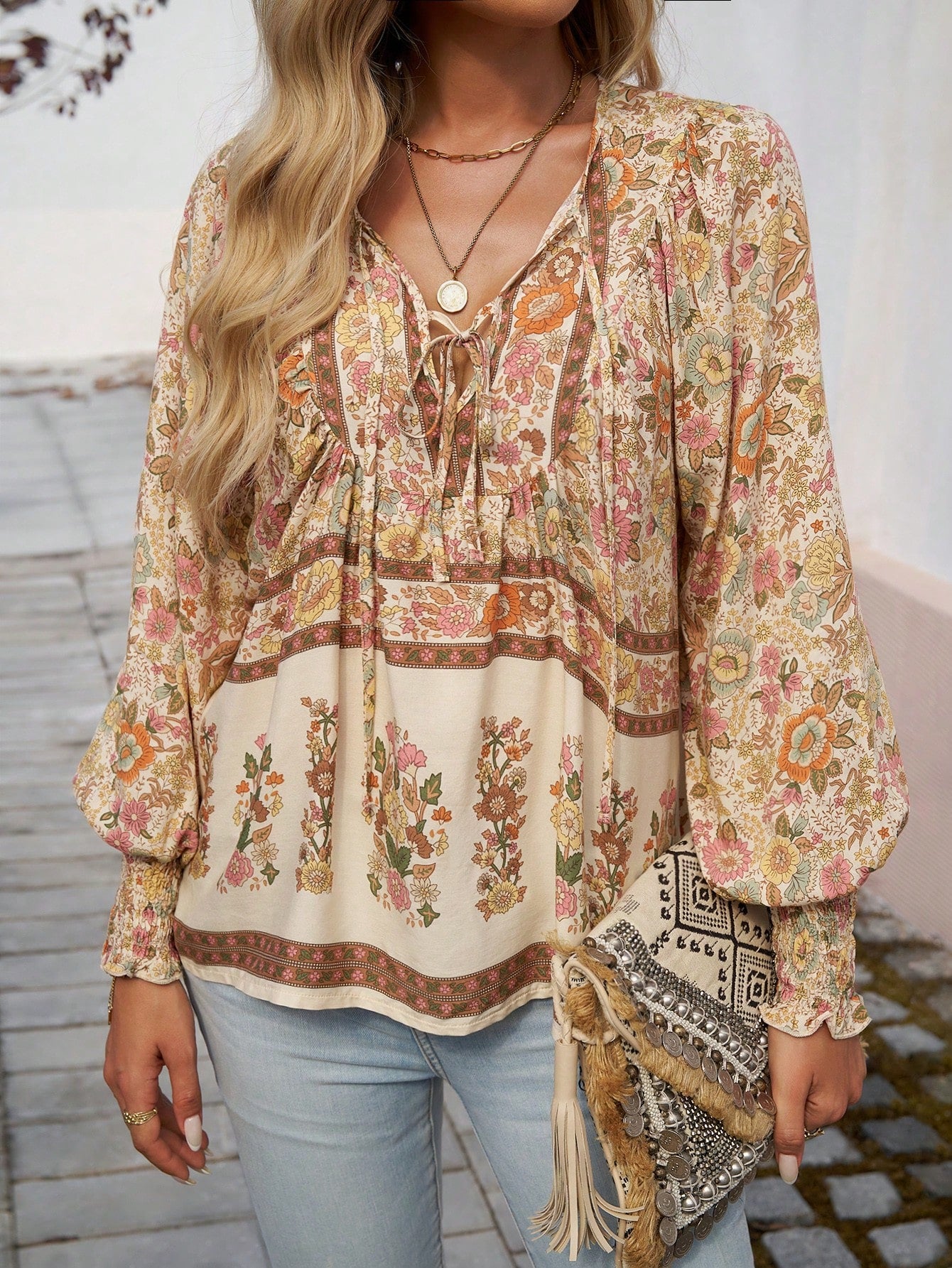 Floral Print Tie Neck Lantern Sleeve Blouse