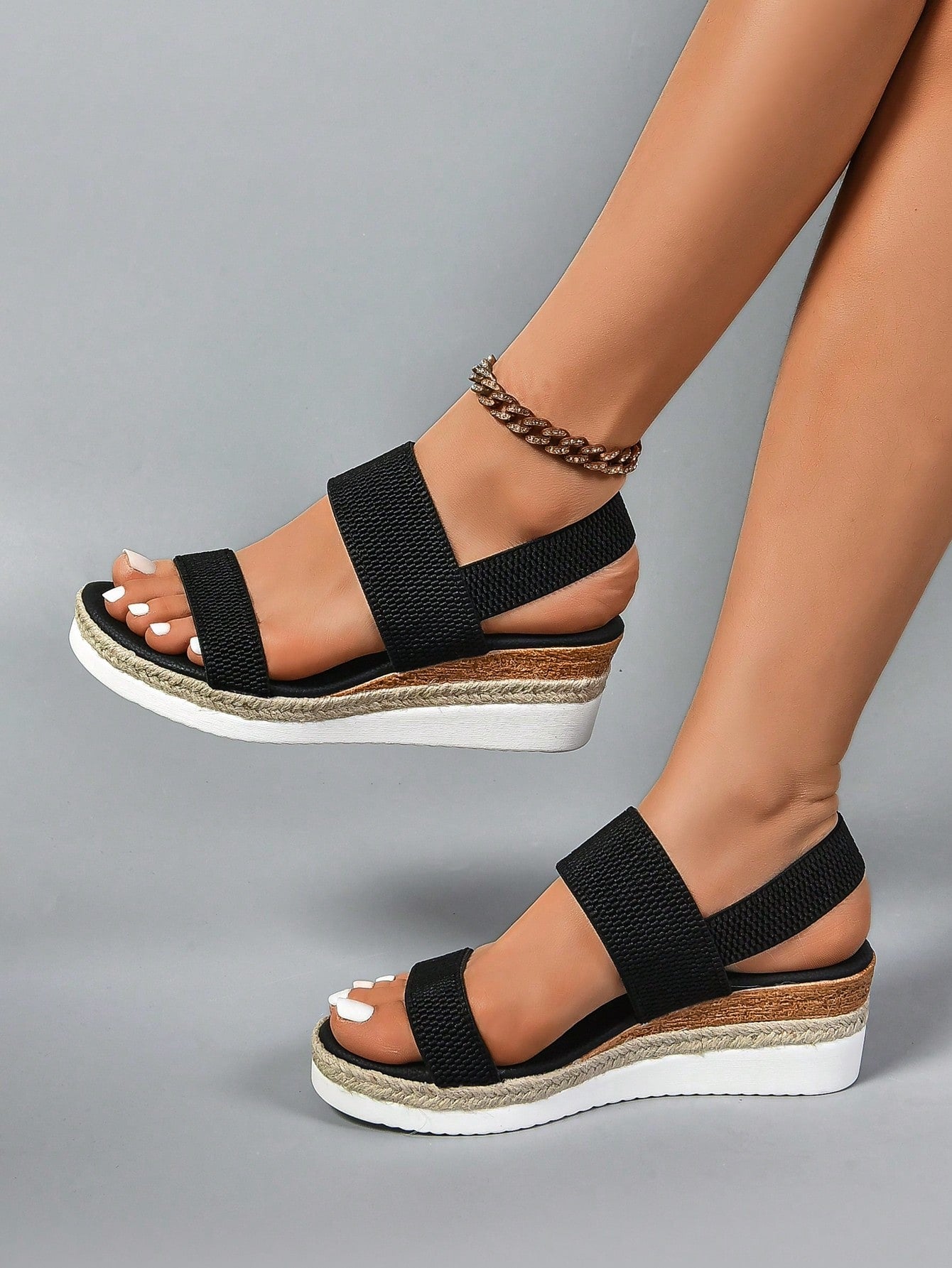 2024 New Women's Sandals, Retro Woven  Thick-Soled Peep-Toe Wedges, Elastic High Heel Strap, Comfortable & Versatile White Summer Sandals For Women