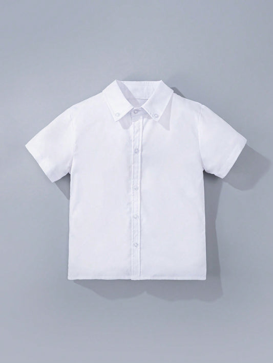 Young Boy Classic Casual Ivy League Style White Short Sleeve Shirt, Formal Events, Gatherings, Performances, Dress