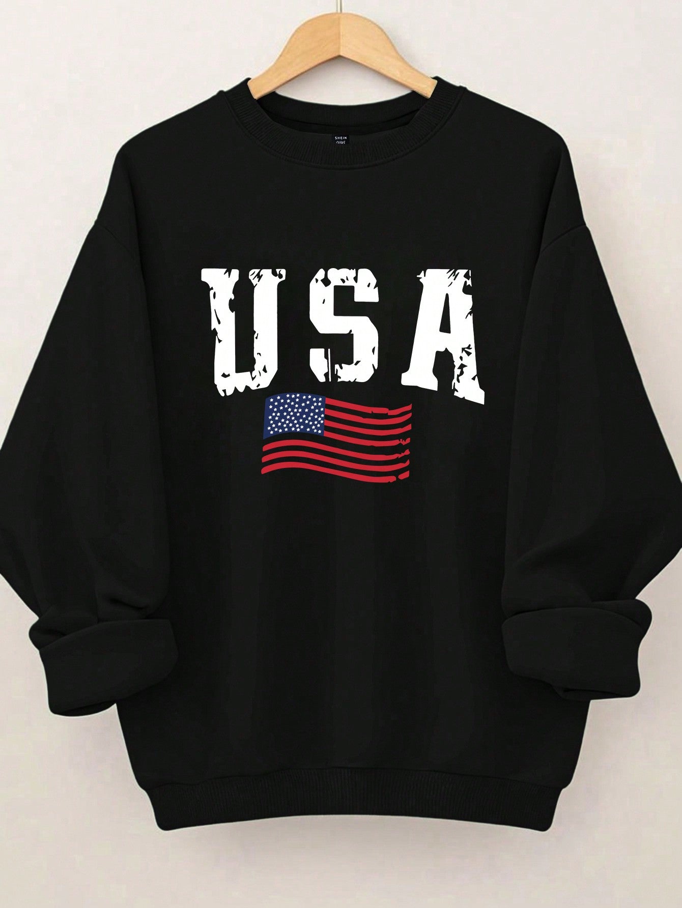 American Flag And Lettering Graphic Thermal Lined Sweatshirt Crew Neck Long Sleeve Sweatshirt