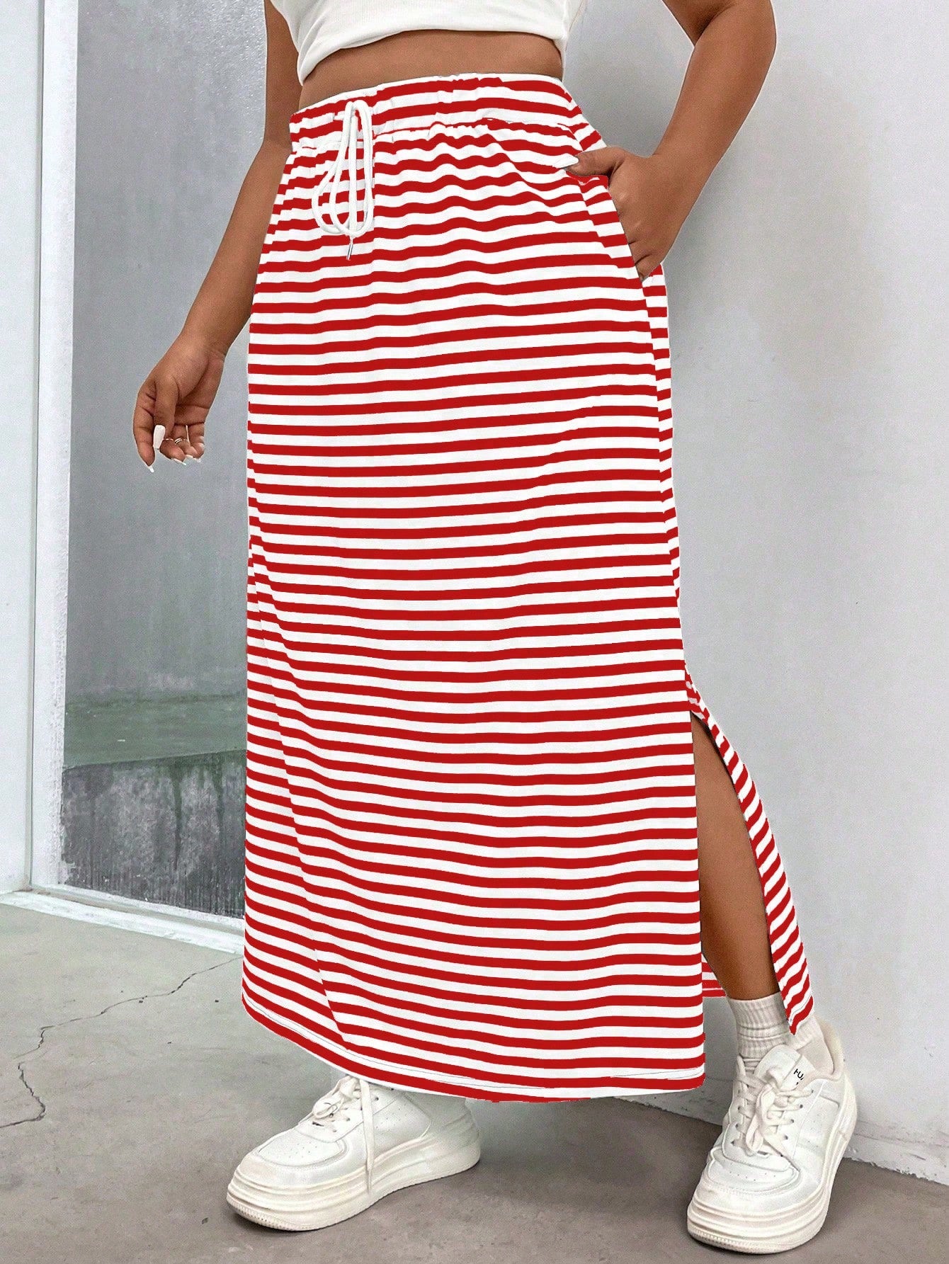 Plus Striped Print Split Hem Drawstring Waist Skirt