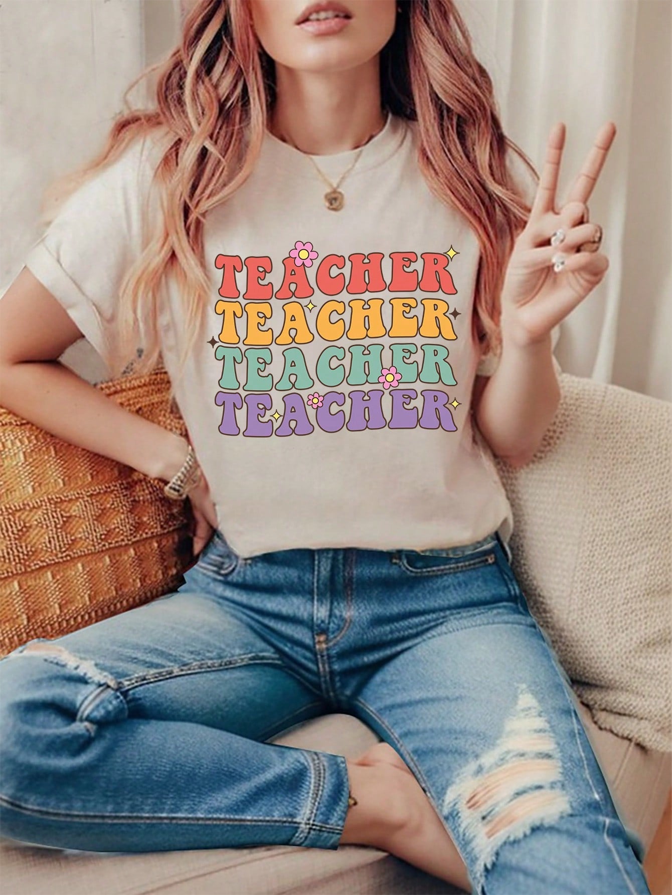 Casual And Simple Teacher Printed Round Neck Short Sleeve Women's T-Shirt, Suitable For Summer TEACHER TEACHER TEACHER TEACHER TEACHER