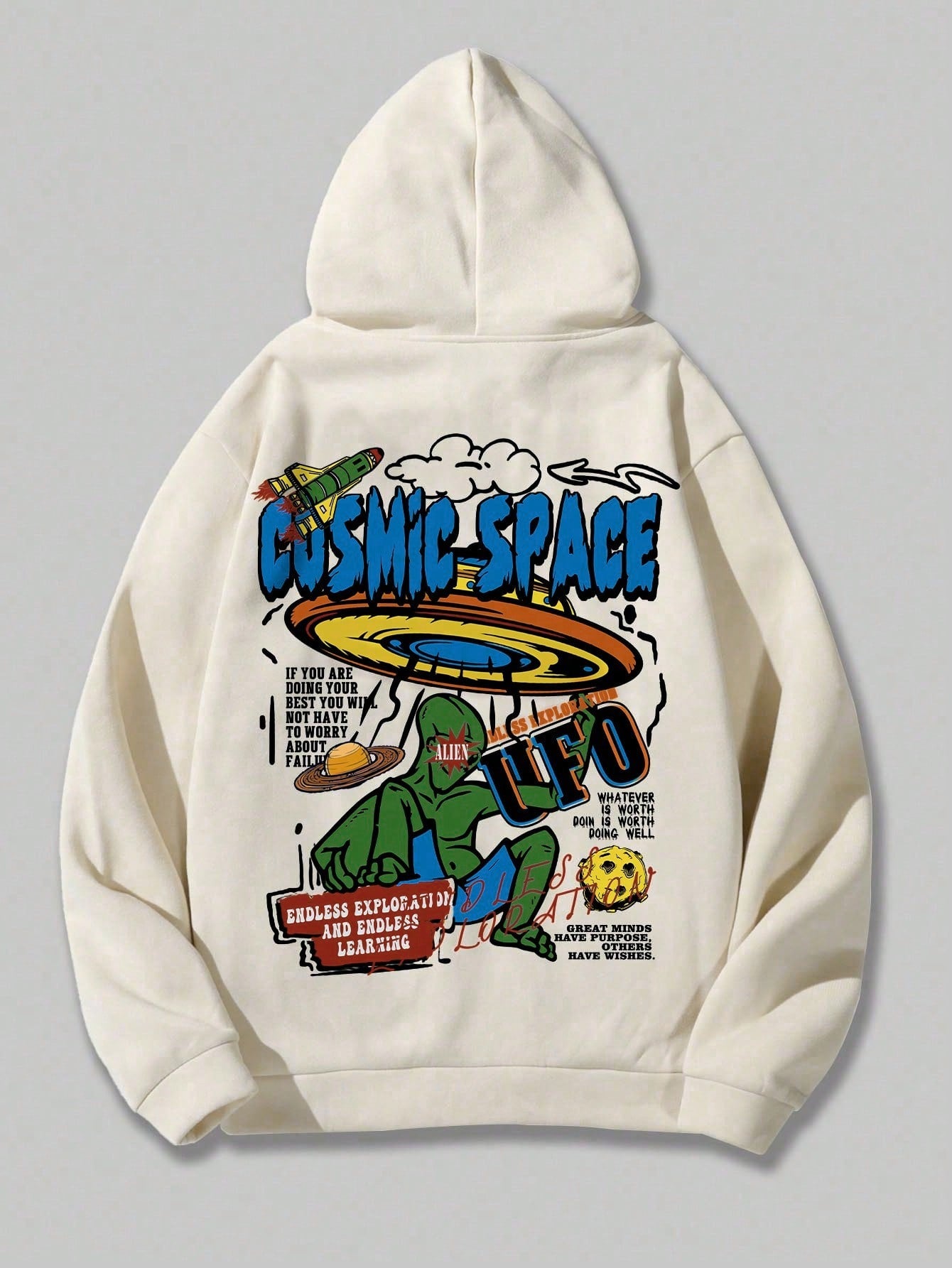 Street Life Men Cartoon & Slogan Graphic Drawstring Thermal Lined Hoodie