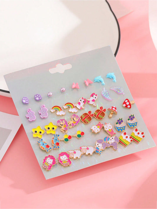 20pairs Drip Oil Plating Alloy Earrings With Rhinestone, Rainbow Colored Stud Earrings Set