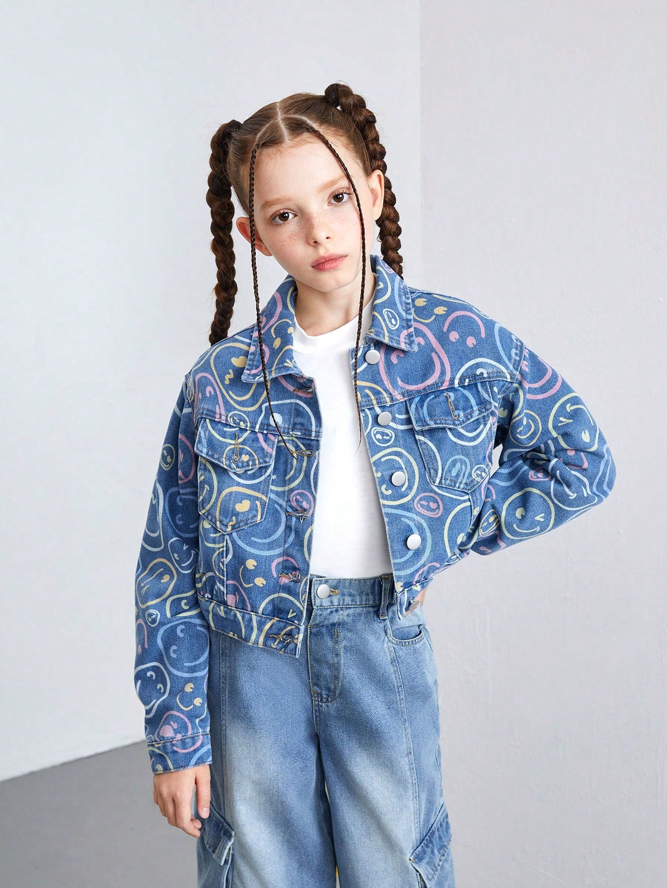 Streecool Kids Tween Girl Casual Cute Smiling Face Pattern Printed Flat Pocket Denim Jacket