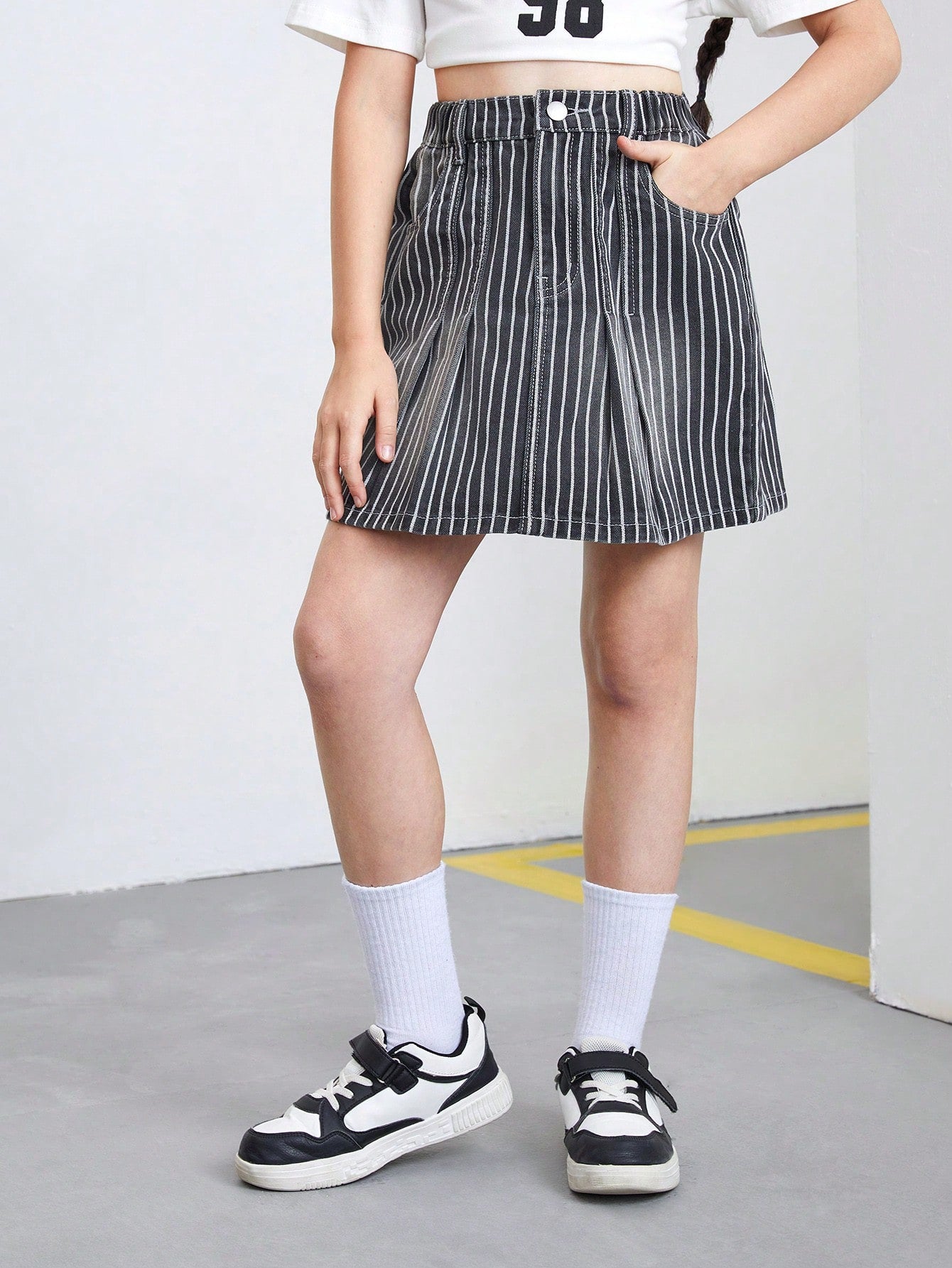 Tween Girls Vintage Street Preppy Button Up Casual Chic Black White Striped Denim Pleated Mini Skirt