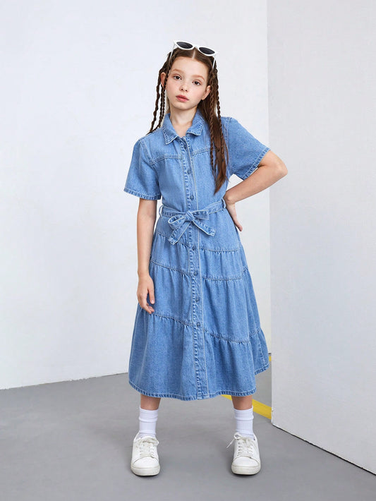 TWEEN GIRL Casual Summer Holiday Loose Asymmetric Hem Denim Dress With Belt