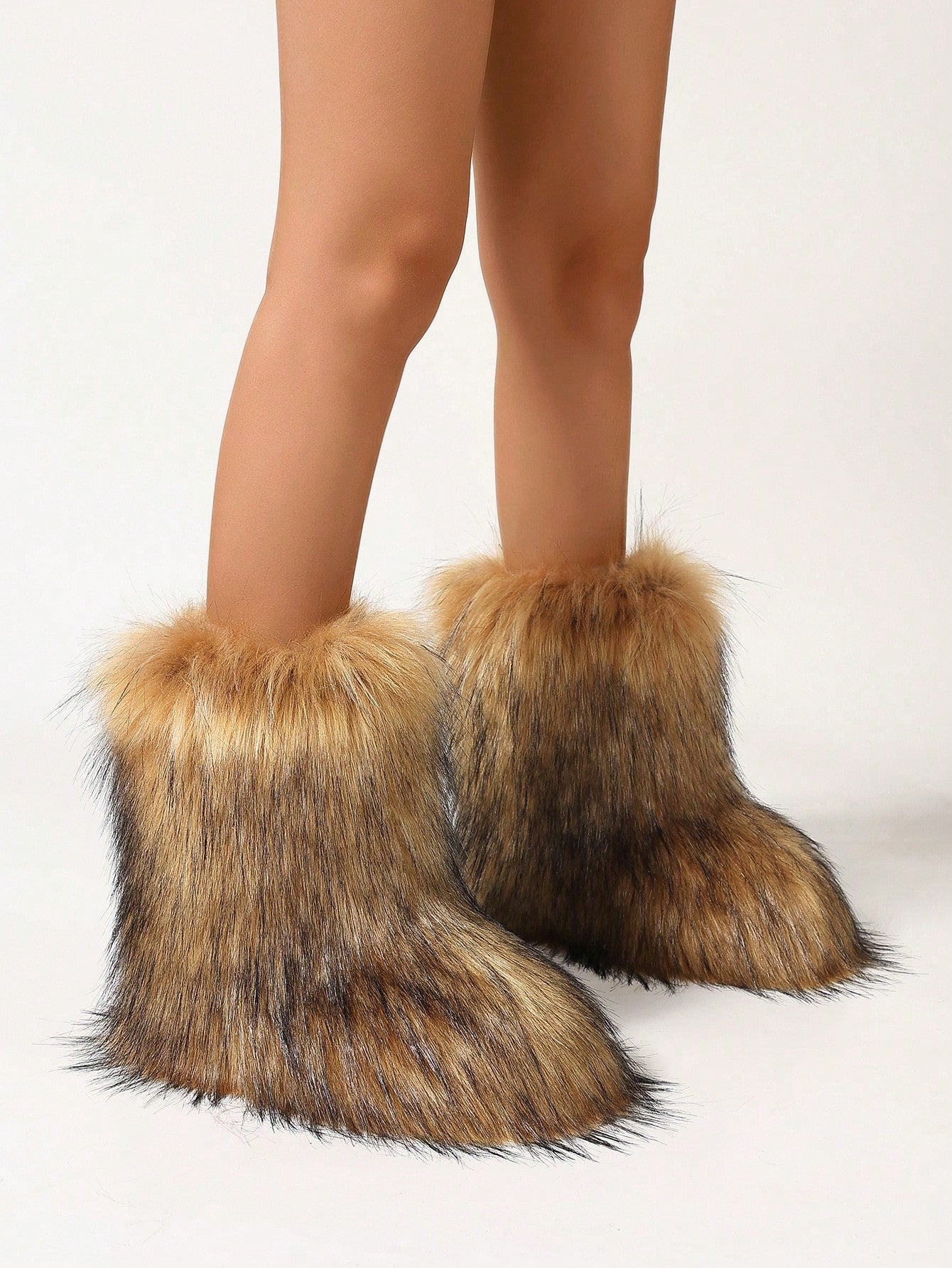 Women Faux Fur Snow Boots With Thick And Warm Faux Fur, Imitation Fur Collar, Long Plush Middle Tube Snow Boots