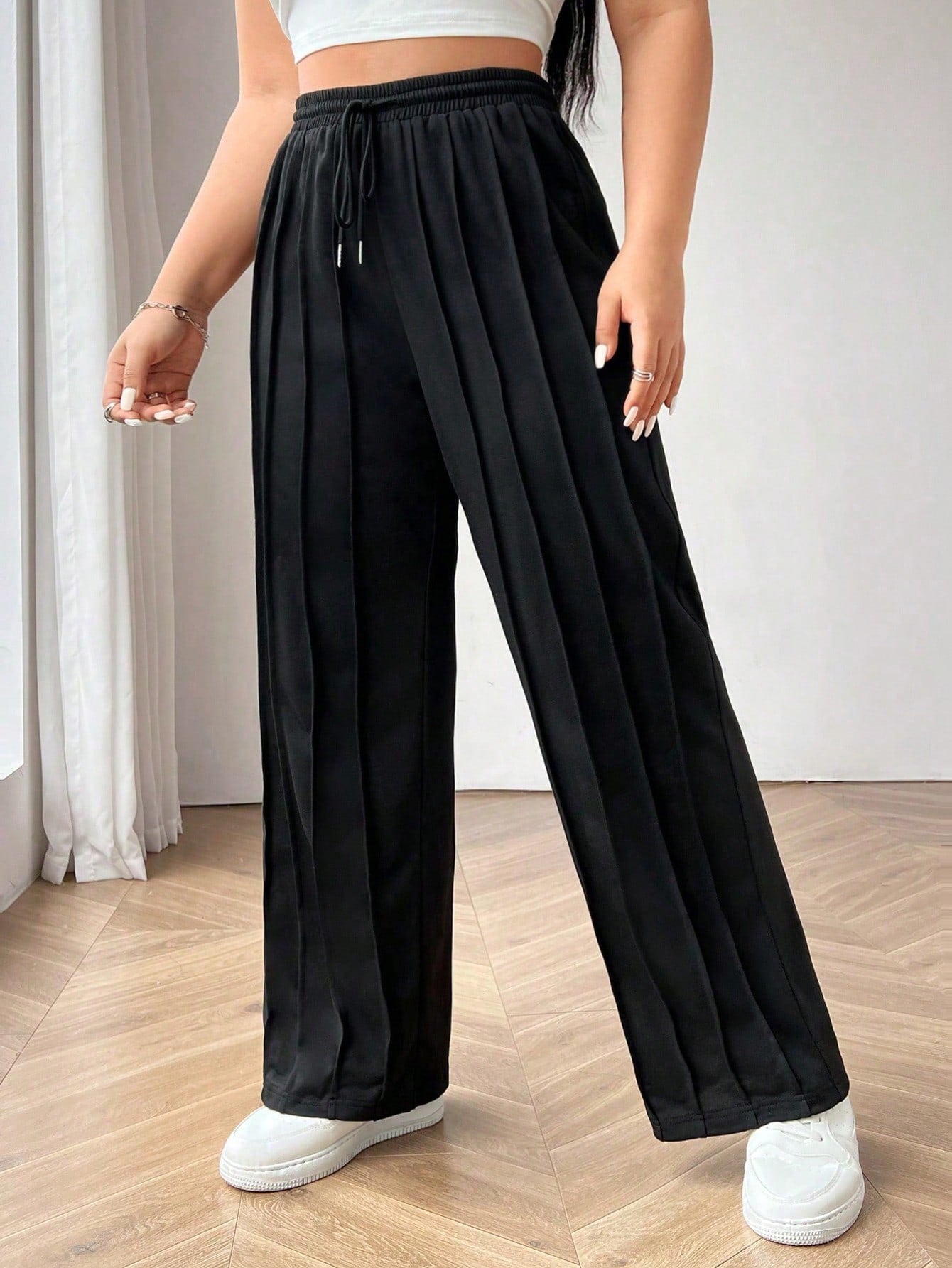 Plus Size Drawstring Waist Elastic Hem Wide-Leg Pants