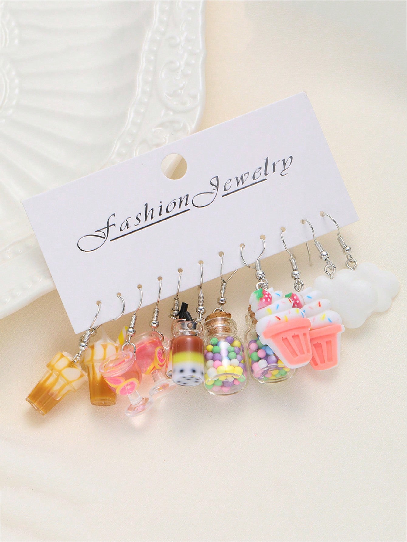 6pairs Cute Cloud, Milk Tea, Ice Cream, Bottle Dangle Earrings Set