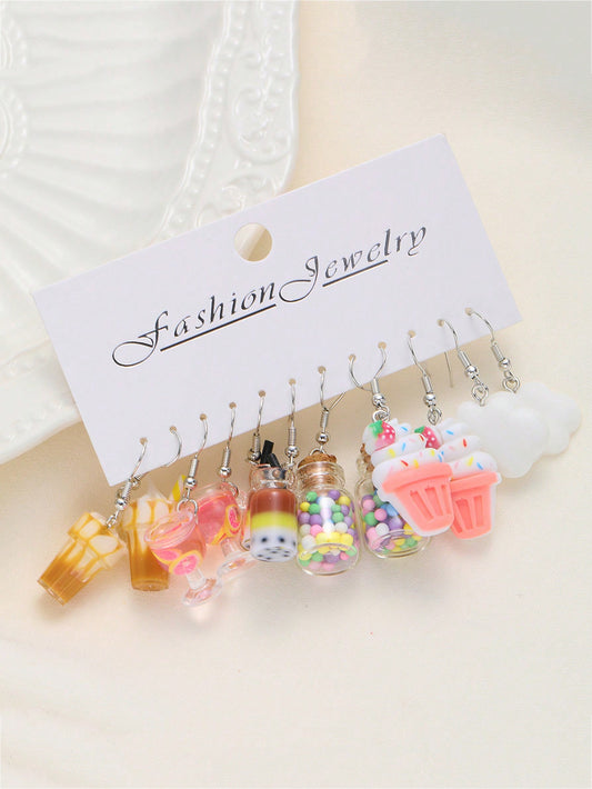 6pairs Cute Cloud, Milk Tea, Ice Cream, Bottle Dangle Earrings Set